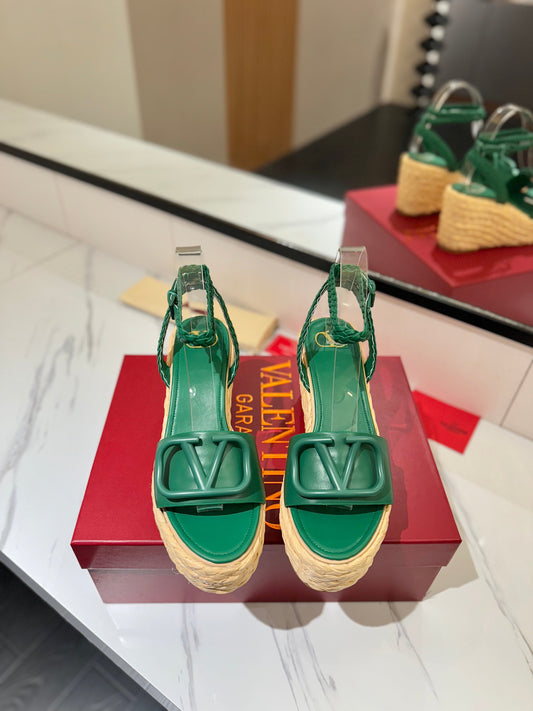 VLTN ESPADRILLE WEDGE SANDALS 25S 90 MM IN DARK GREEN LAMBSKIN STYLE 6 - 35