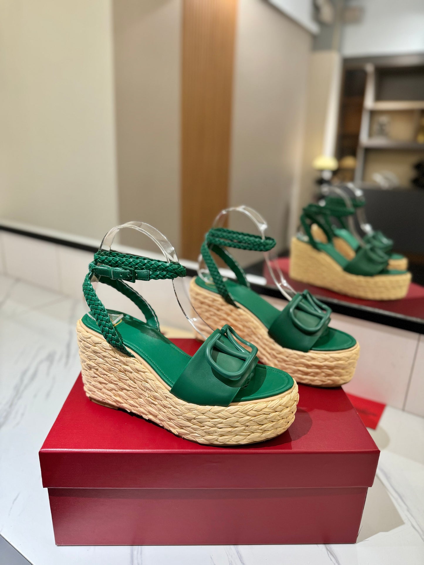 VLTN ESPADRILLE WEDGE SANDALS 25S 90 MM IN DARK GREEN LAMBSKIN STYLE 6 - 35