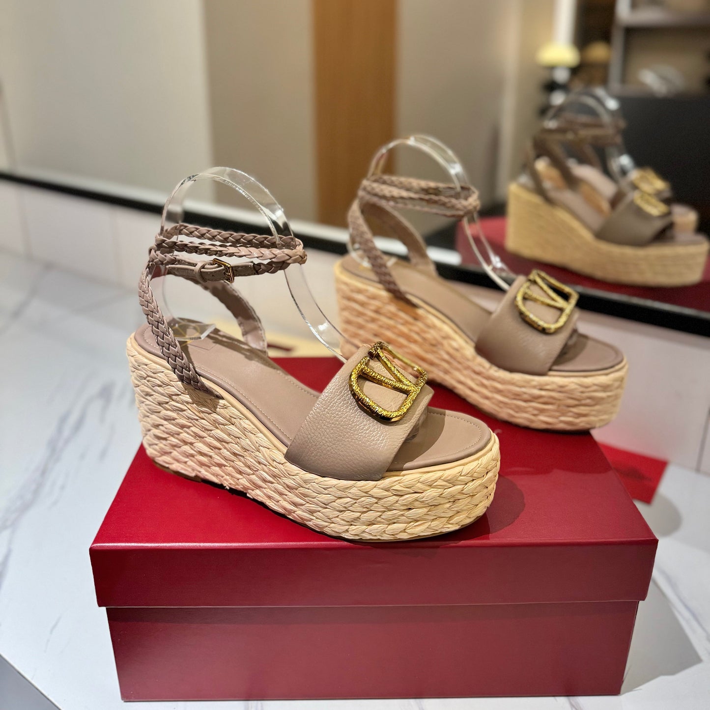 VLTN ESPADRILLE WEDGE SANDALS 25S 90 MM IN BEIGE BROWN LAMBSKIN STYLE 5 - 35