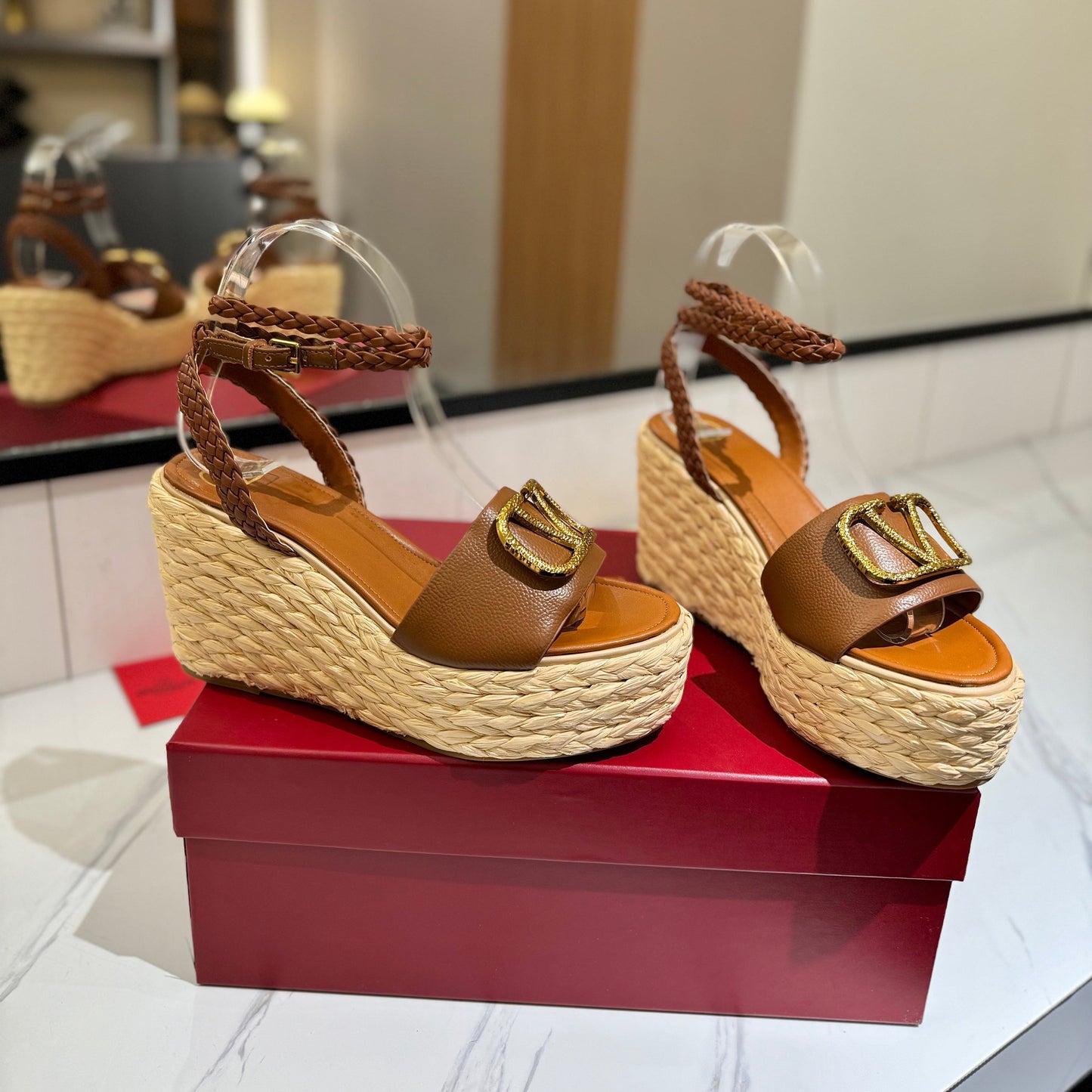 VLTN ESPADRILLE WEDGE SANDALS 25S 90 MM IN BROWN LAMBSKIN STYLE 4 - 35