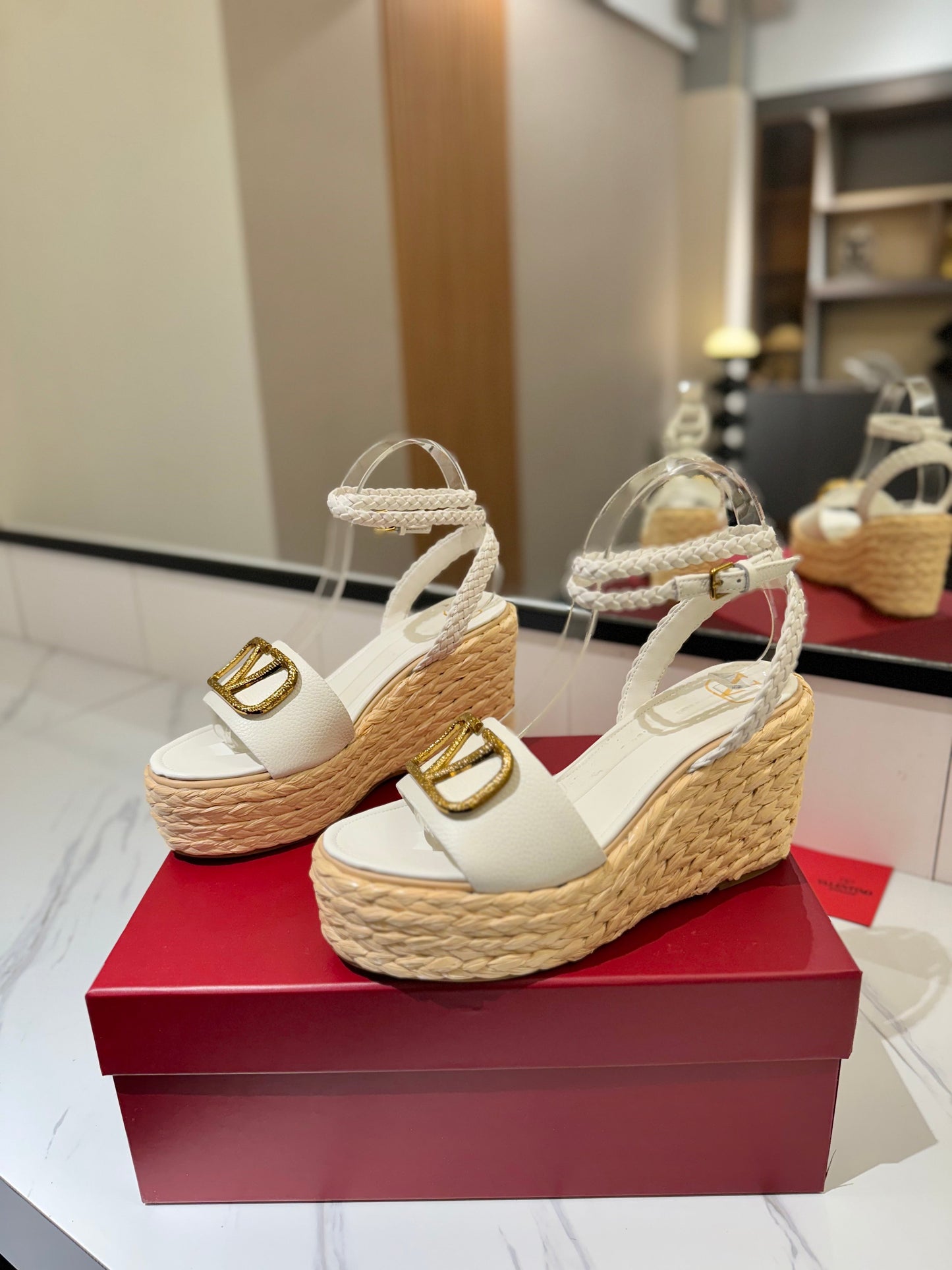 VLTN ESPADRILLE WEDGE SANDALS 25S 90 MM IN WHITE LAMBSKIN STYLE 3 - 35