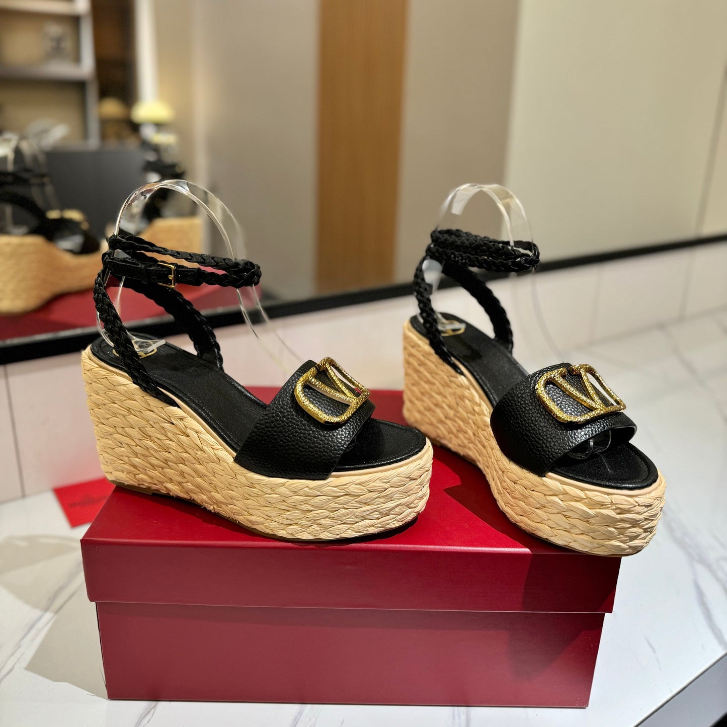 VLTN ESPADRILLE WEDGE SANDALS 25S 90 MM IN BLACK LAMBSKIN STYLE 2 - 35