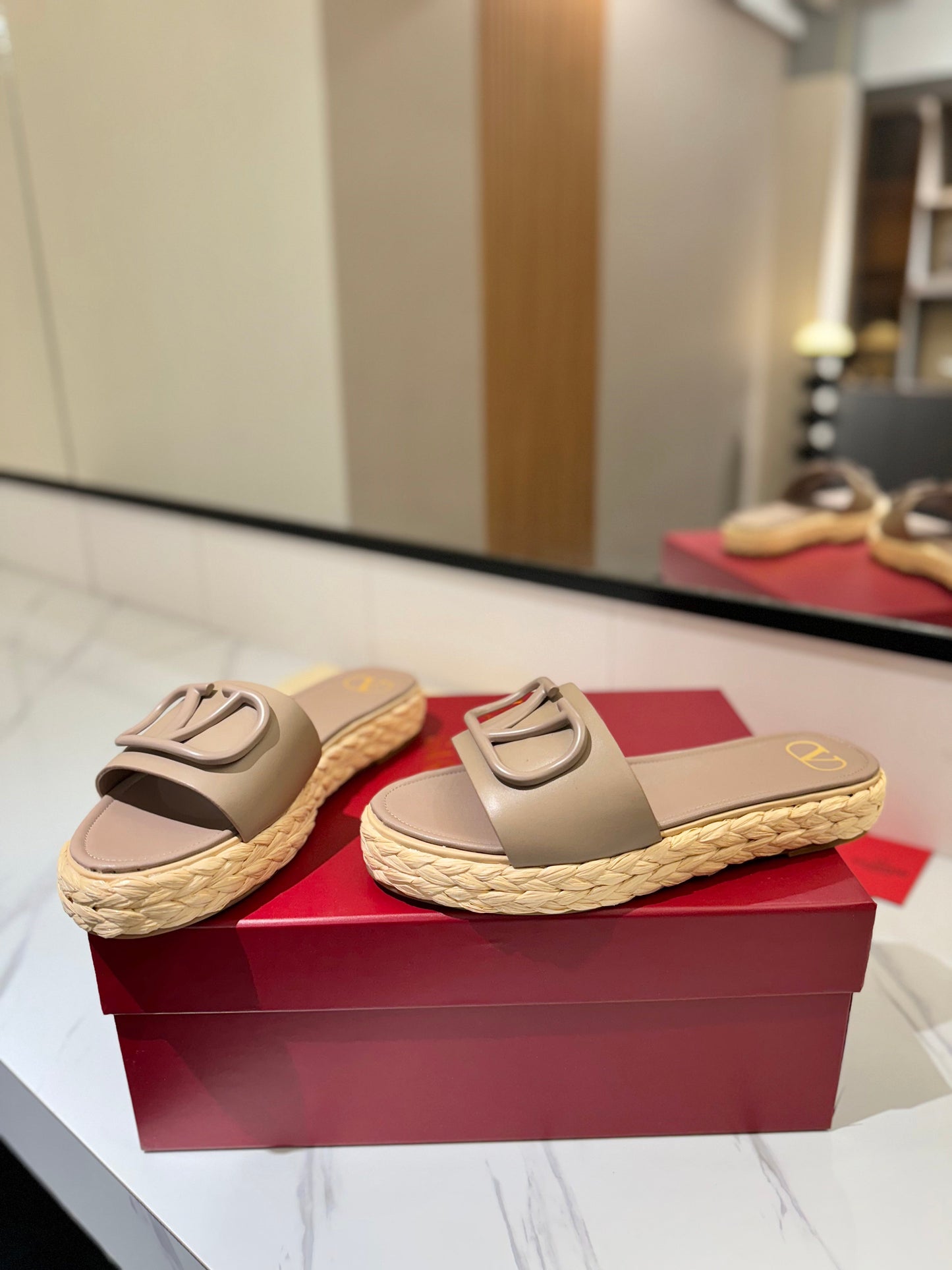 VLTN ESPADRILLE SLIDES 25S IN BEIGE BROWN LAMBSKIN STYLE 10 - 35