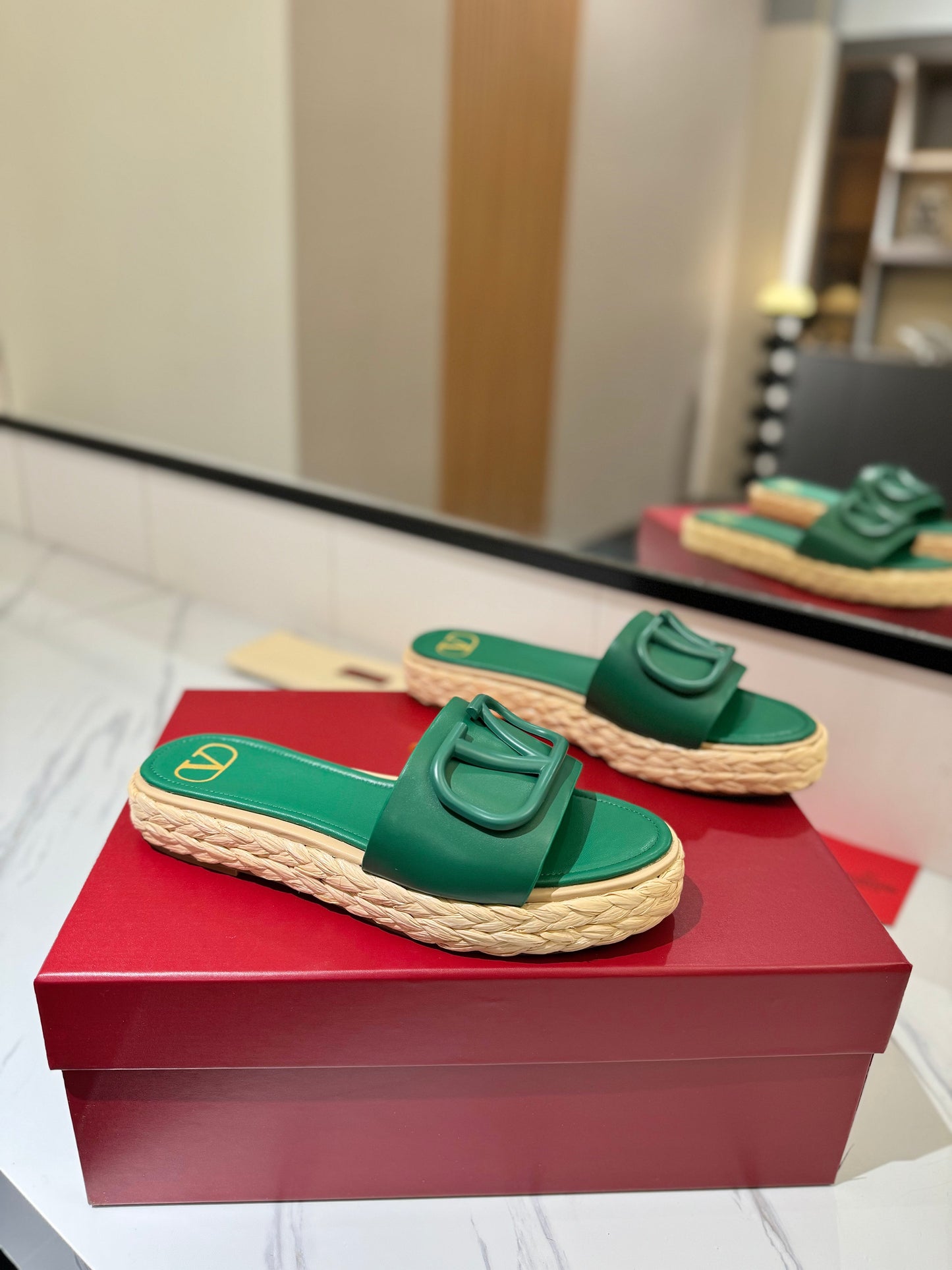 VLTN ESPADRILLE SLIDES 25S IN DARK GREEN LAMBSKIN STYLE 9 - 35