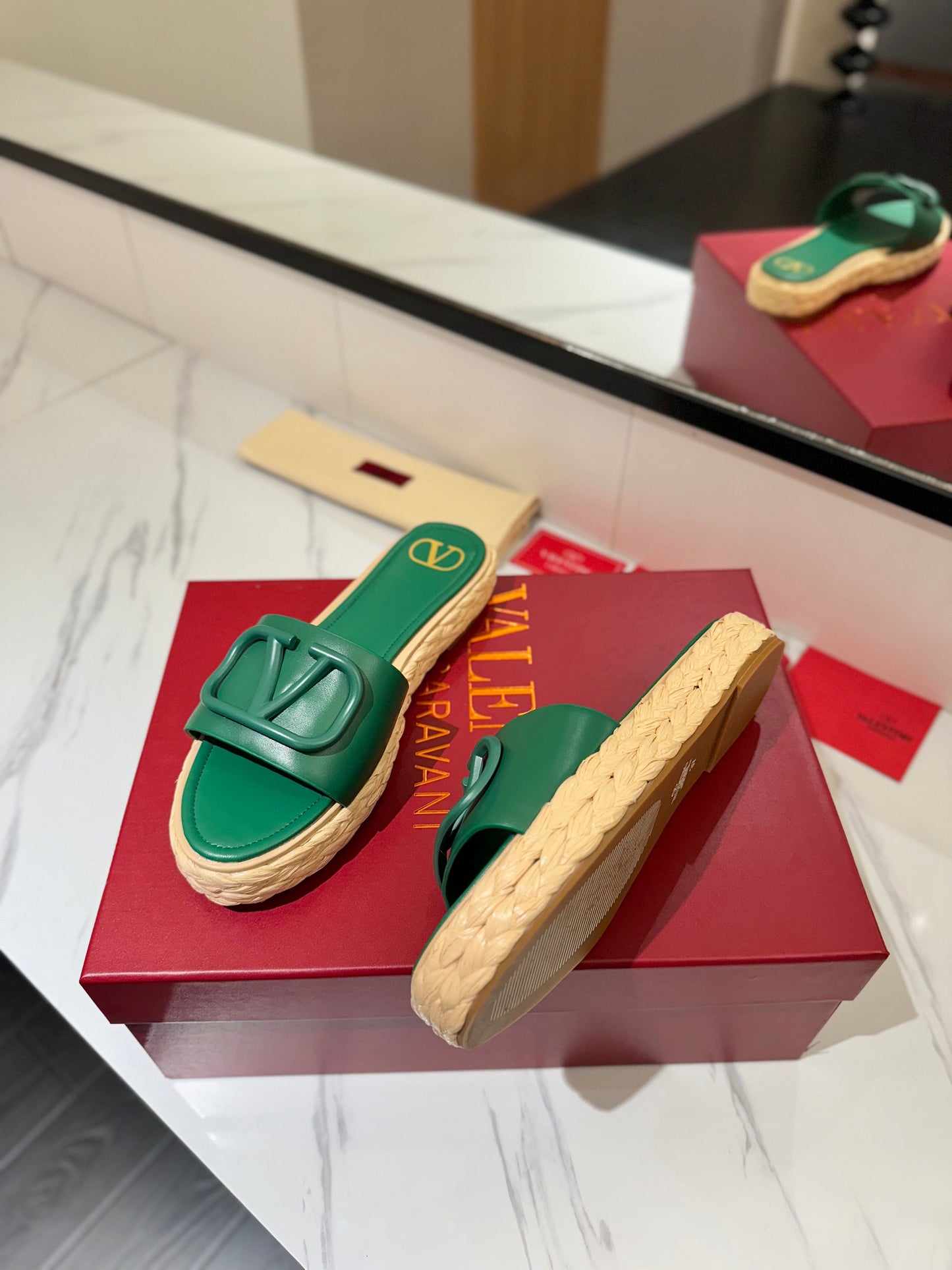 VLTN ESPADRILLE SLIDES 25S IN DARK GREEN LAMBSKIN STYLE 9 - 35