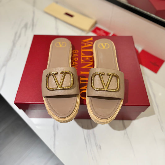 VLTN ESPADRILLE SLIDES 25S IN BEIGE BROWN LAMBSKIN STYLE 4 - 35