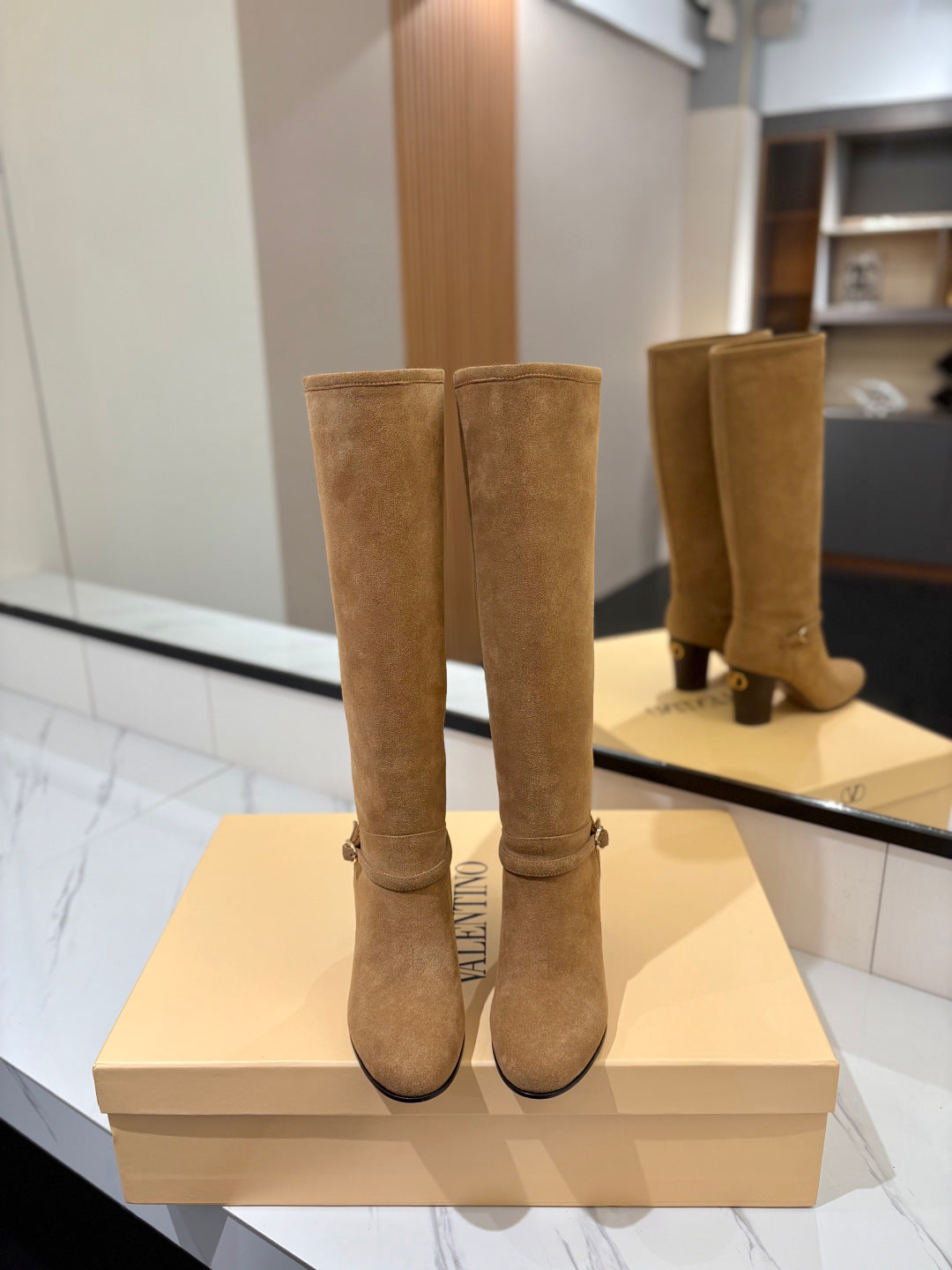 VALENTINO 25S GARAVANI PATTIE KNEE-HIGH BOOTS 80 MM IN LIGHT BROWN SUEDE - 35