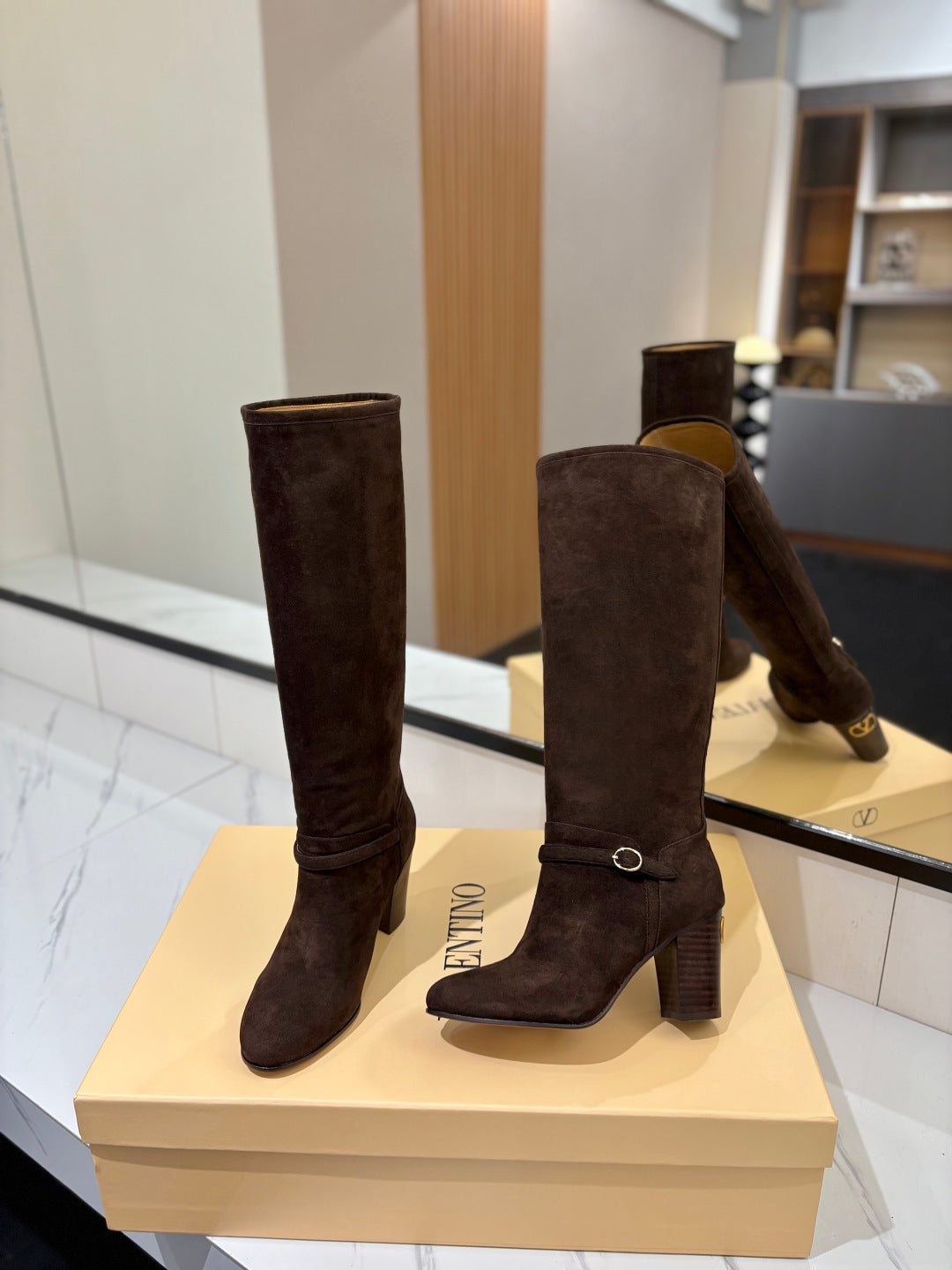 VALENTINO 25S GARAVANI PATTIE KNEE-HIGH BOOTS 80 MM IN DARK BROWN SUEDE - 35