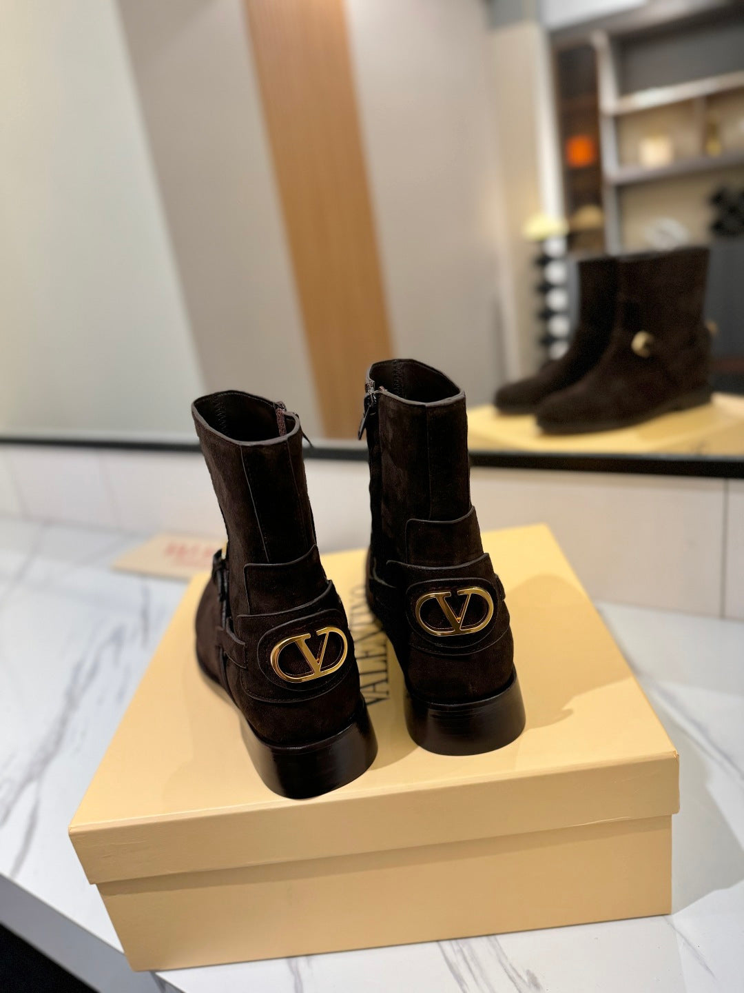 VALENTINO 25S PATTIE ANKLE BOOTS IN DARK BROWN SUEDE WITH GOLD HARDWARE - 35