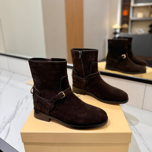VALENTINO 25S PATTIE ANKLE BOOTS IN DARK BROWN SUEDE WITH GOLD HARDWARE - 35