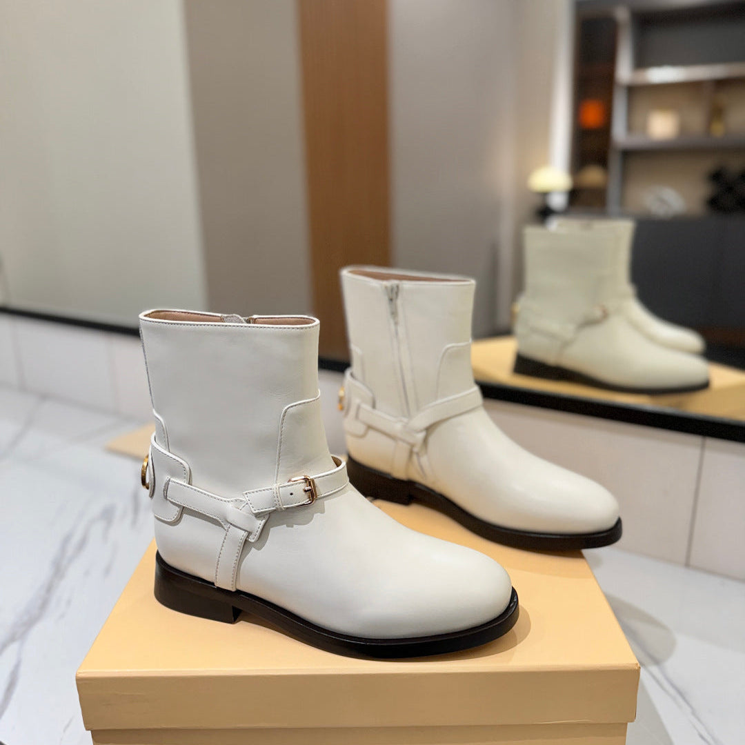 VALENTINO 25S PATTIE ANKLE BOOTS IN WHITE CALFSKIN WITH GOLD HARDWARE - 35