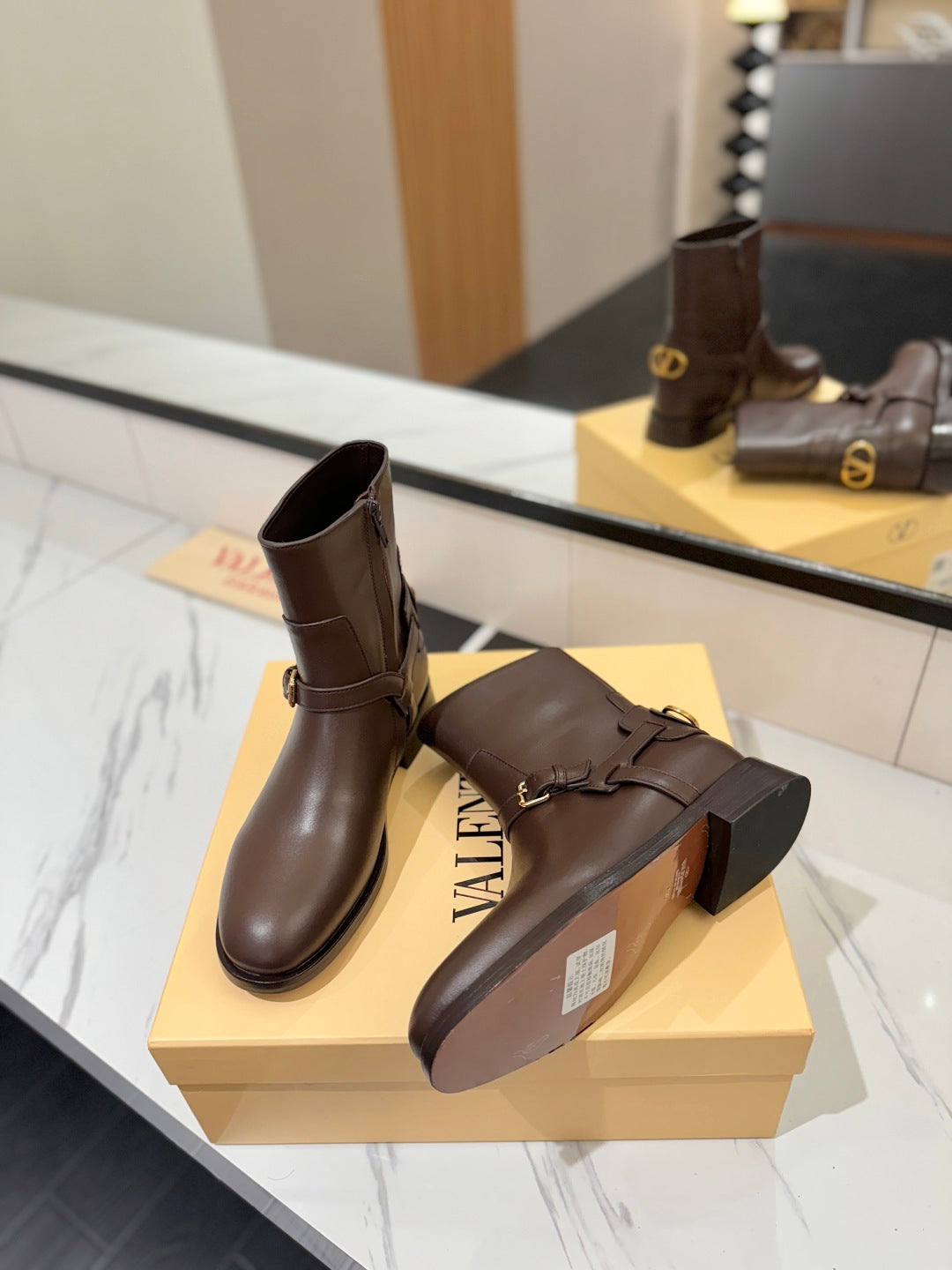 VALENTINO 25S PATTIE ANKLE BOOTS IN DARK BROWN CALFSKIN WITH GOLD HARDWARE - 35
