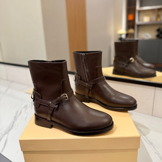 VALENTINO 25S PATTIE ANKLE BOOTS IN DARK BROWN CALFSKIN WITH GOLD HARDWARE - 35