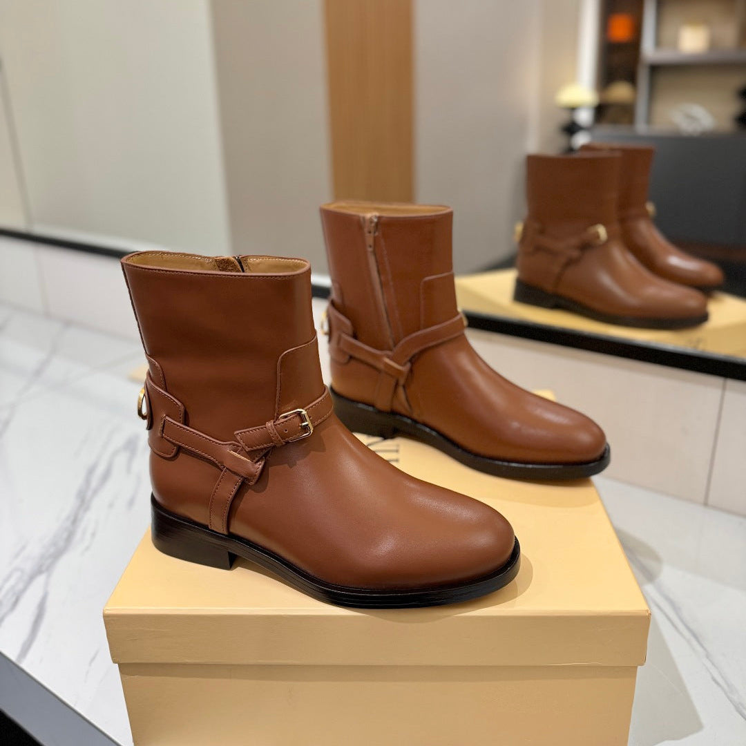 VALENTINO 25S PATTIE ANKLE BOOTS IN BROWN CALFSKIN WITH GOLD HARDWARE - 35