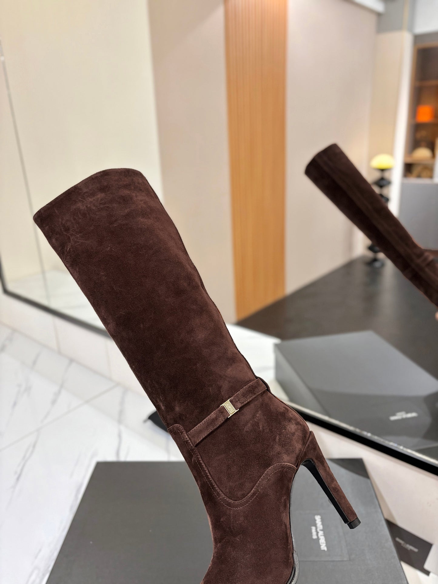 YSL 26S KNEE-HIGH BOOTS 90 MM IN DARK BROWN SUEDE