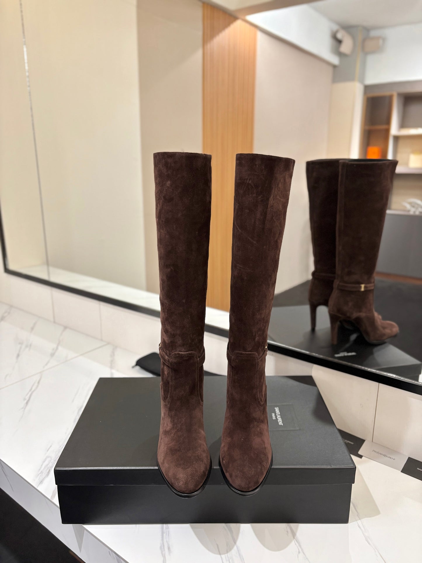YSL 26S KNEE-HIGH BOOTS 90 MM IN DARK BROWN SUEDE