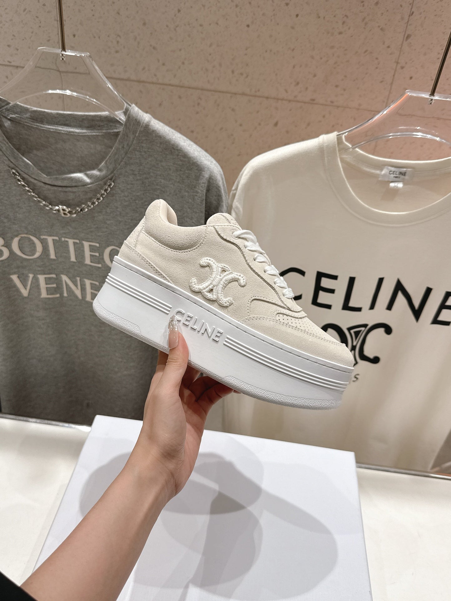 BLOCK SNEAKERS WITH EMBROIDERED TRIOMPHE IN PARCHMENT BEIGE SUEDE - 35