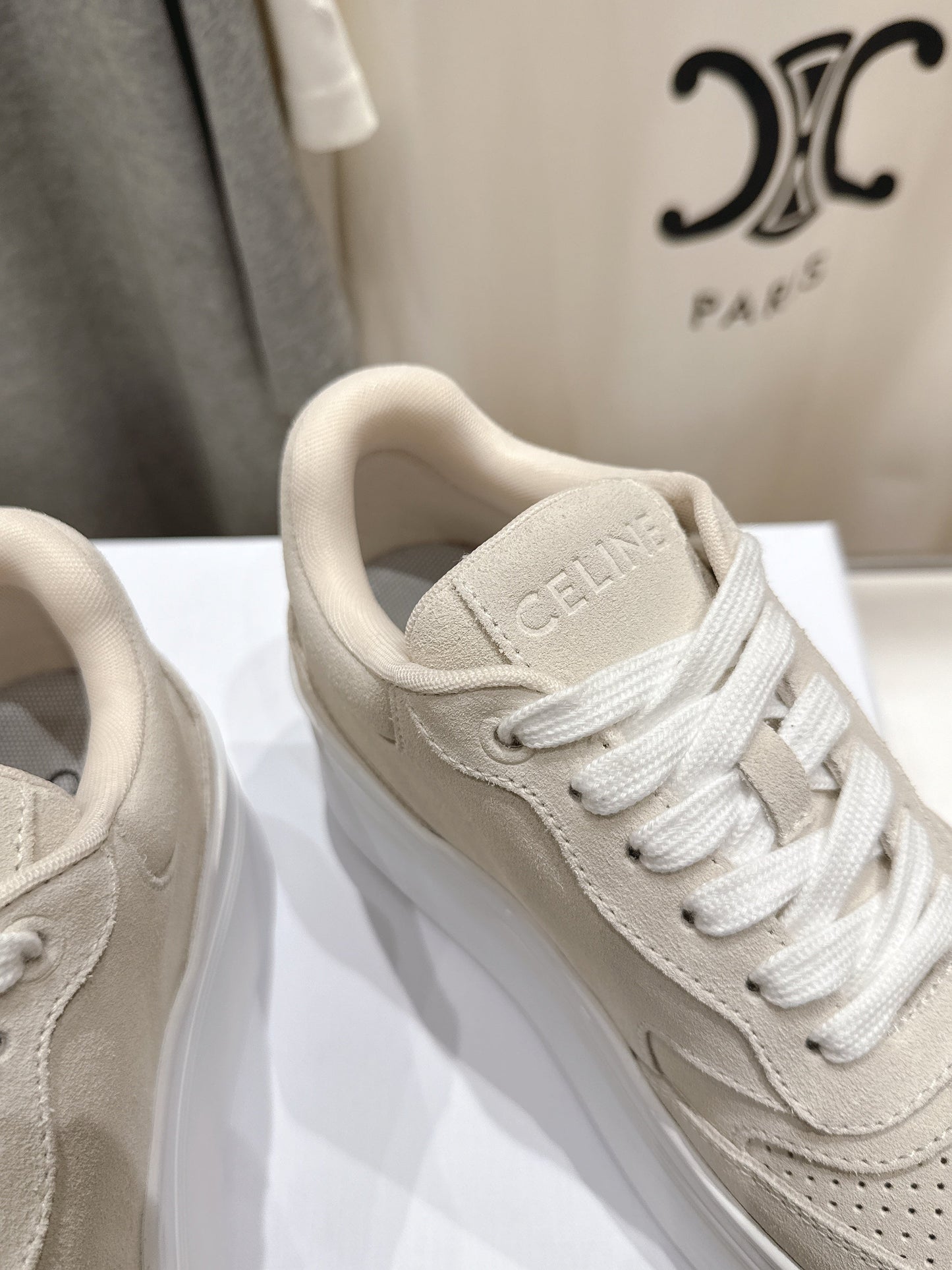 BLOCK SNEAKERS WITH EMBROIDERED TRIOMPHE IN PARCHMENT BEIGE SUEDE - 35