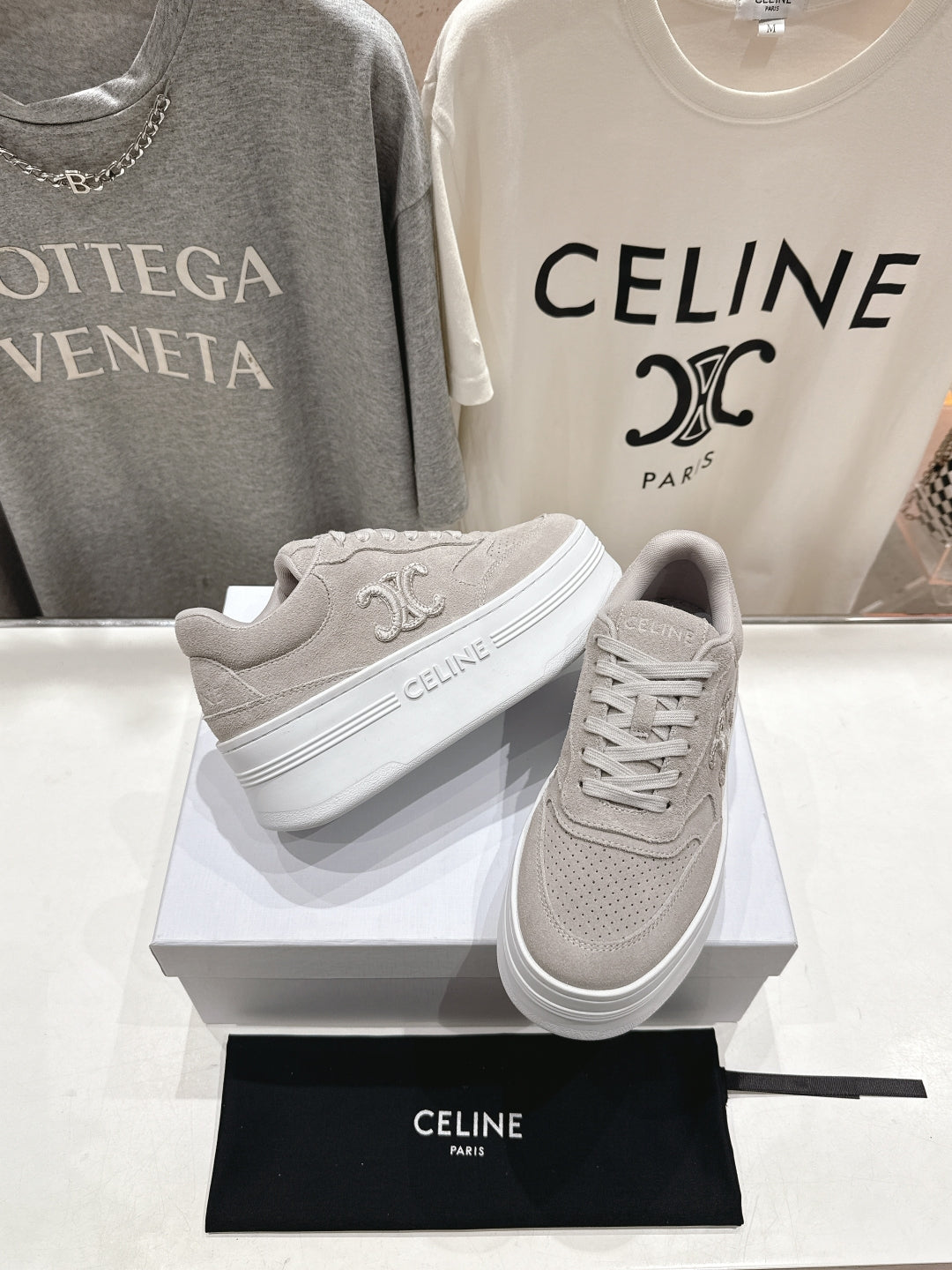 BLOCK SNEAKERS WITH EMBROIDERED TRIOMPHE IN MALIBU BEIGE SUEDE - 35