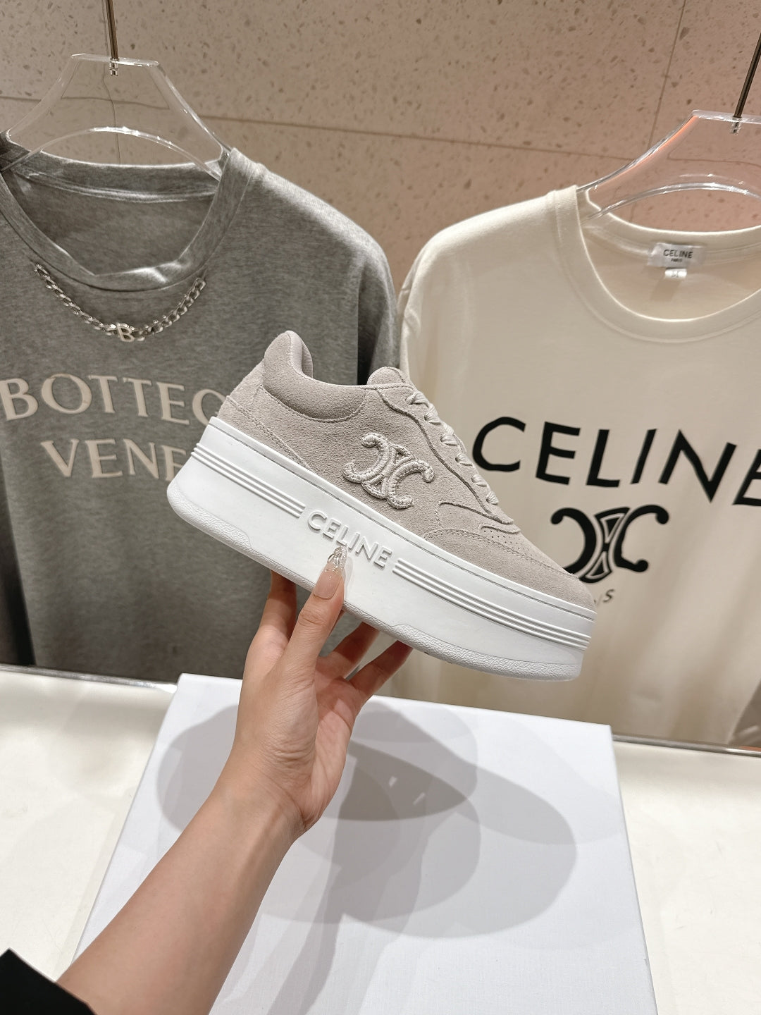 BLOCK SNEAKERS WITH EMBROIDERED TRIOMPHE IN MALIBU BEIGE SUEDE - 35