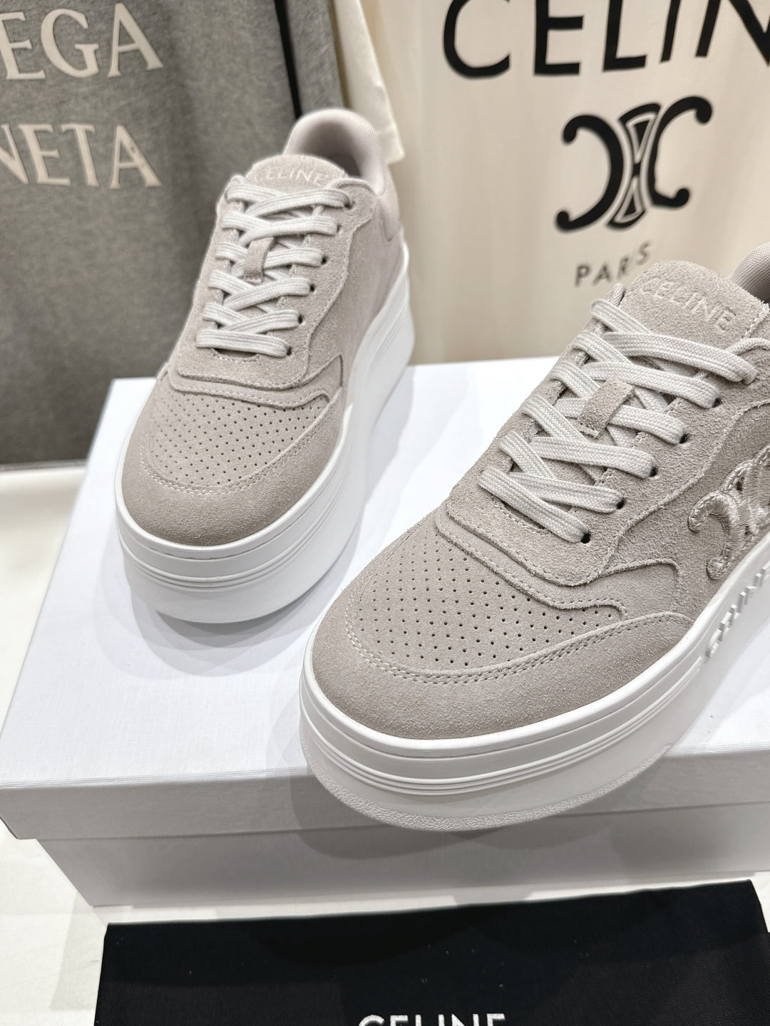 BLOCK SNEAKERS WITH EMBROIDERED TRIOMPHE IN MALIBU BEIGE SUEDE - 35