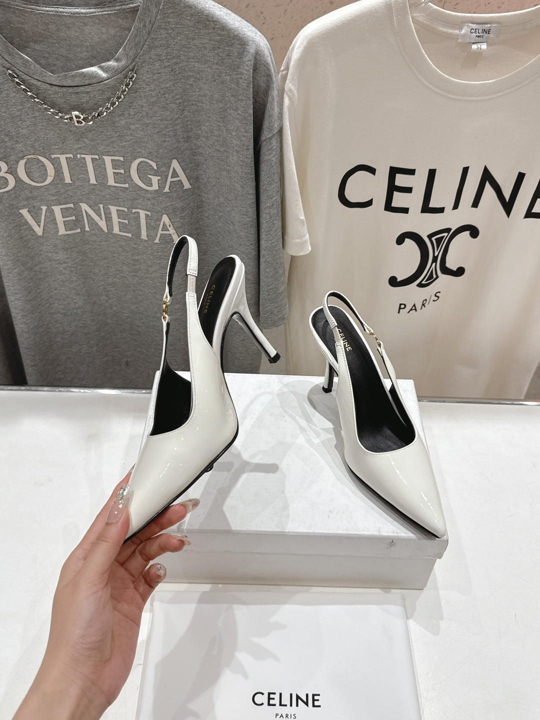 JUDY TRIOMPHE STILETTO SLINGBACK 75MM IN WHITE PATENT CALFSKIN - 35