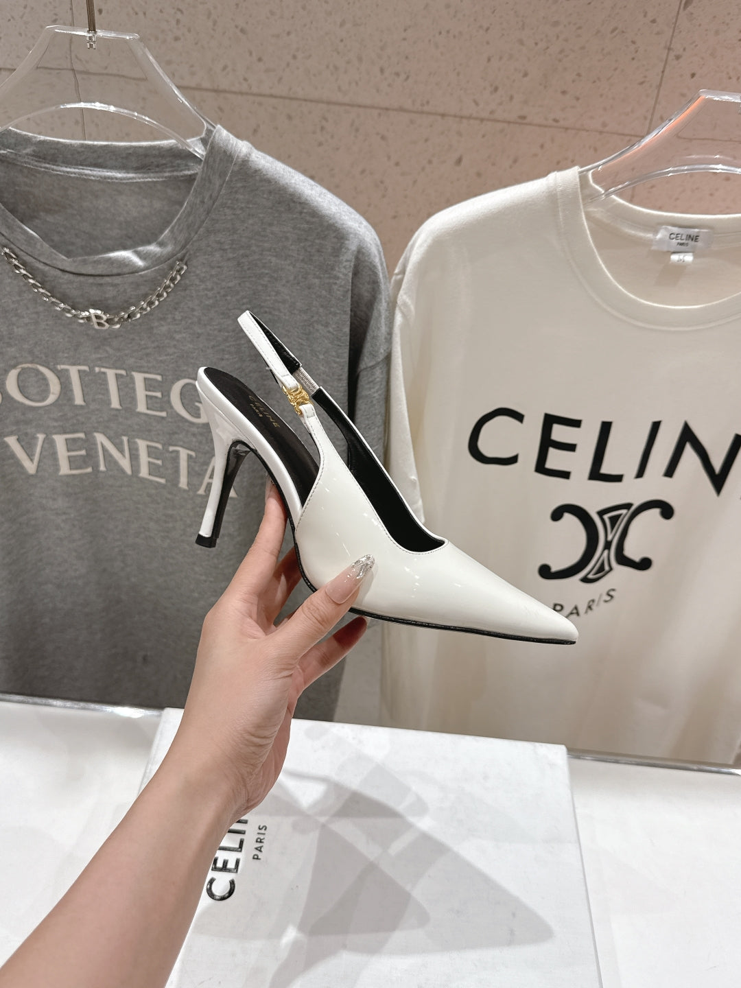 JUDY TRIOMPHE STILETTO SLINGBACK 75MM IN WHITE PATENT CALFSKIN - 35