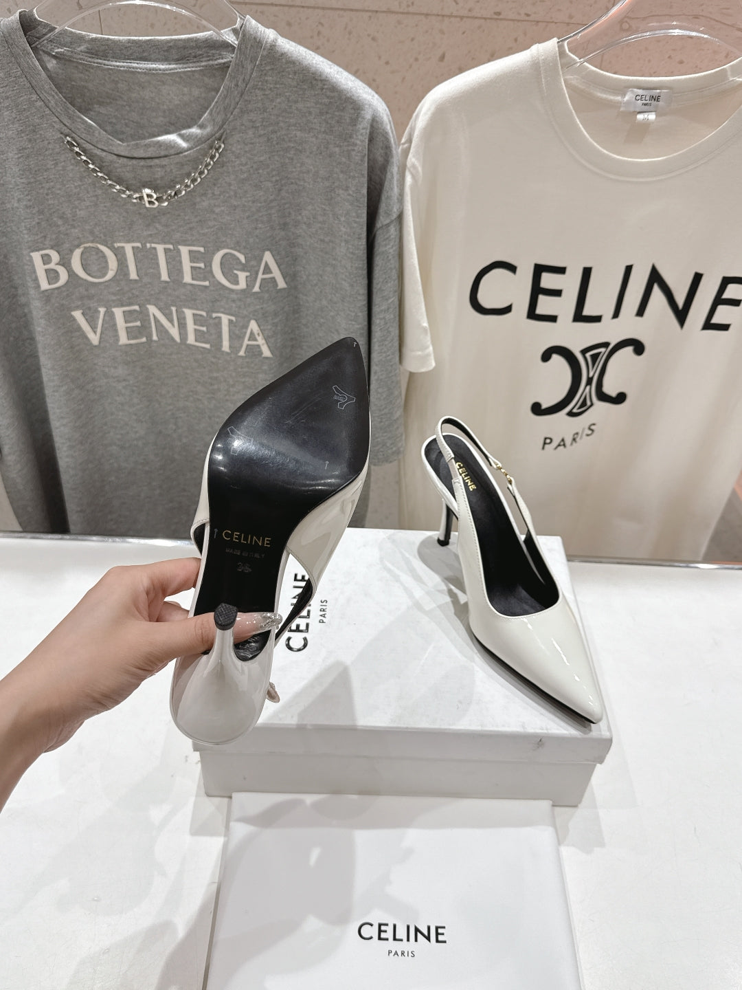 JUDY TRIOMPHE STILETTO SLINGBACK 75MM IN WHITE PATENT CALFSKIN - 35