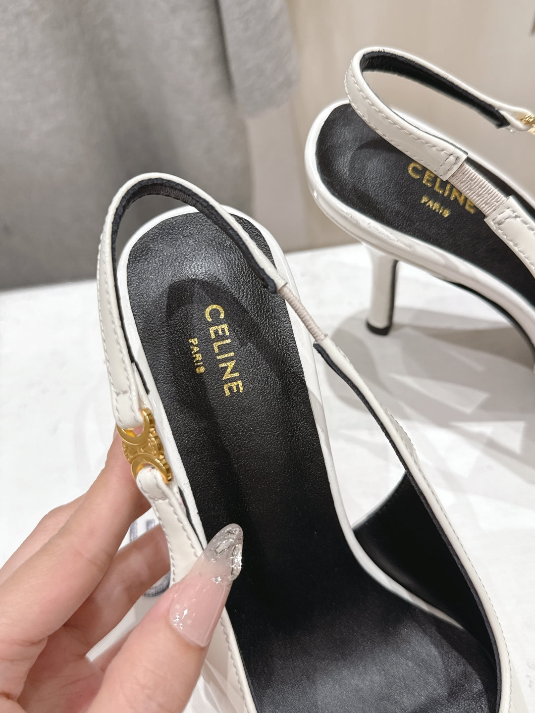 JUDY TRIOMPHE STILETTO SLINGBACK 75MM IN WHITE PATENT CALFSKIN - 35