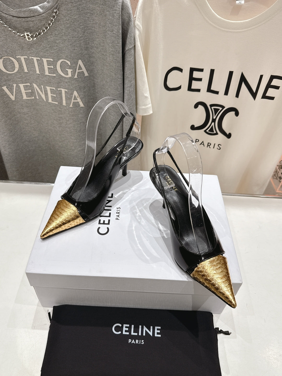 JUDY CAP TOE SLINGBACK 65MM IN BLACK SHINY CALFSKIN AND GOLD SNAKE EMBOSSED LEATHER - 34