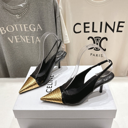 JUDY CAP TOE SLINGBACK 65MM IN BLACK SHINY CALFSKIN AND GOLD SNAKE EMBOSSED LEATHER - 34