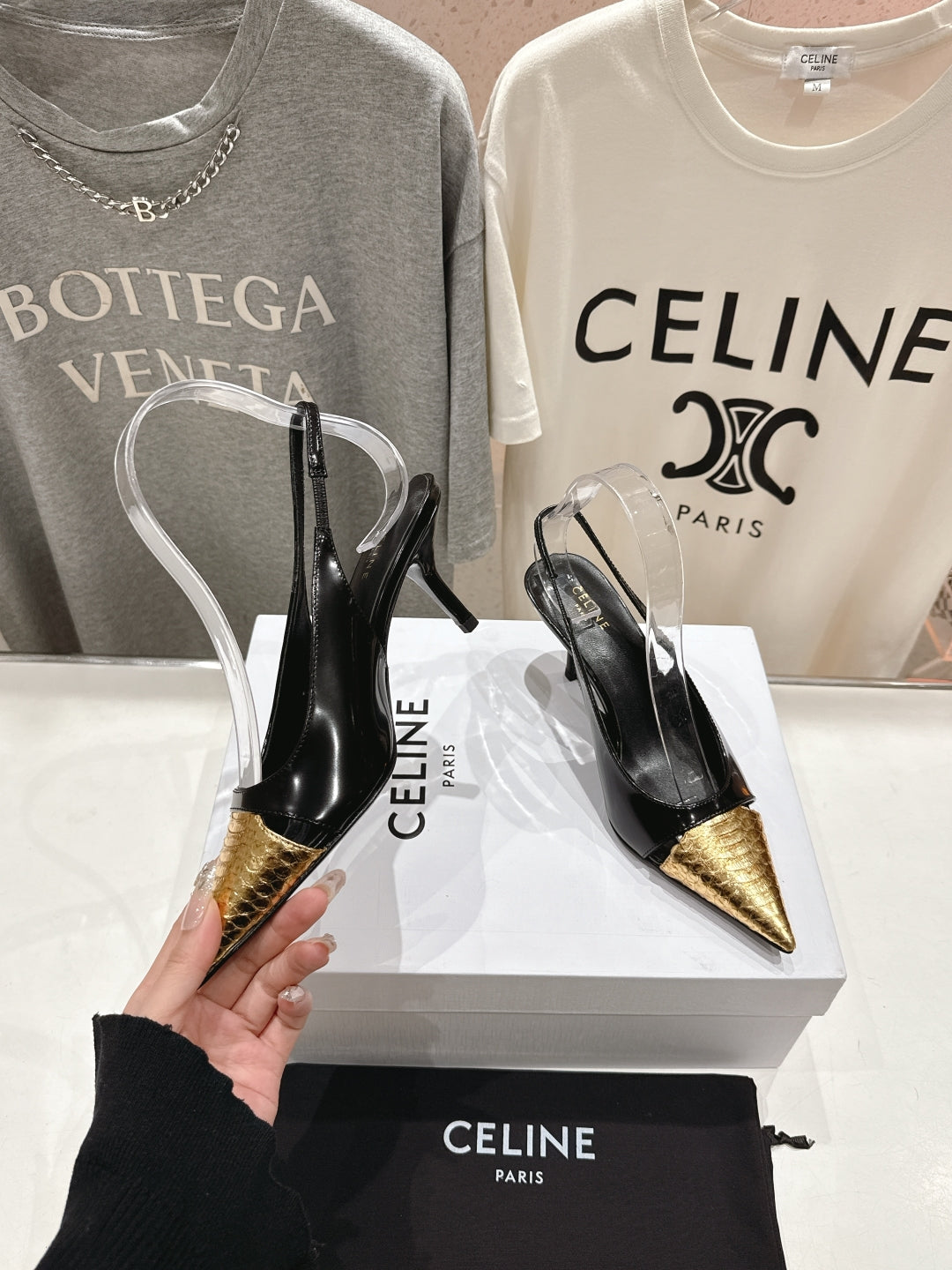 JUDY CAP TOE SLINGBACK 65MM IN BLACK SHINY CALFSKIN AND GOLD SNAKE EMBOSSED LEATHER - 34