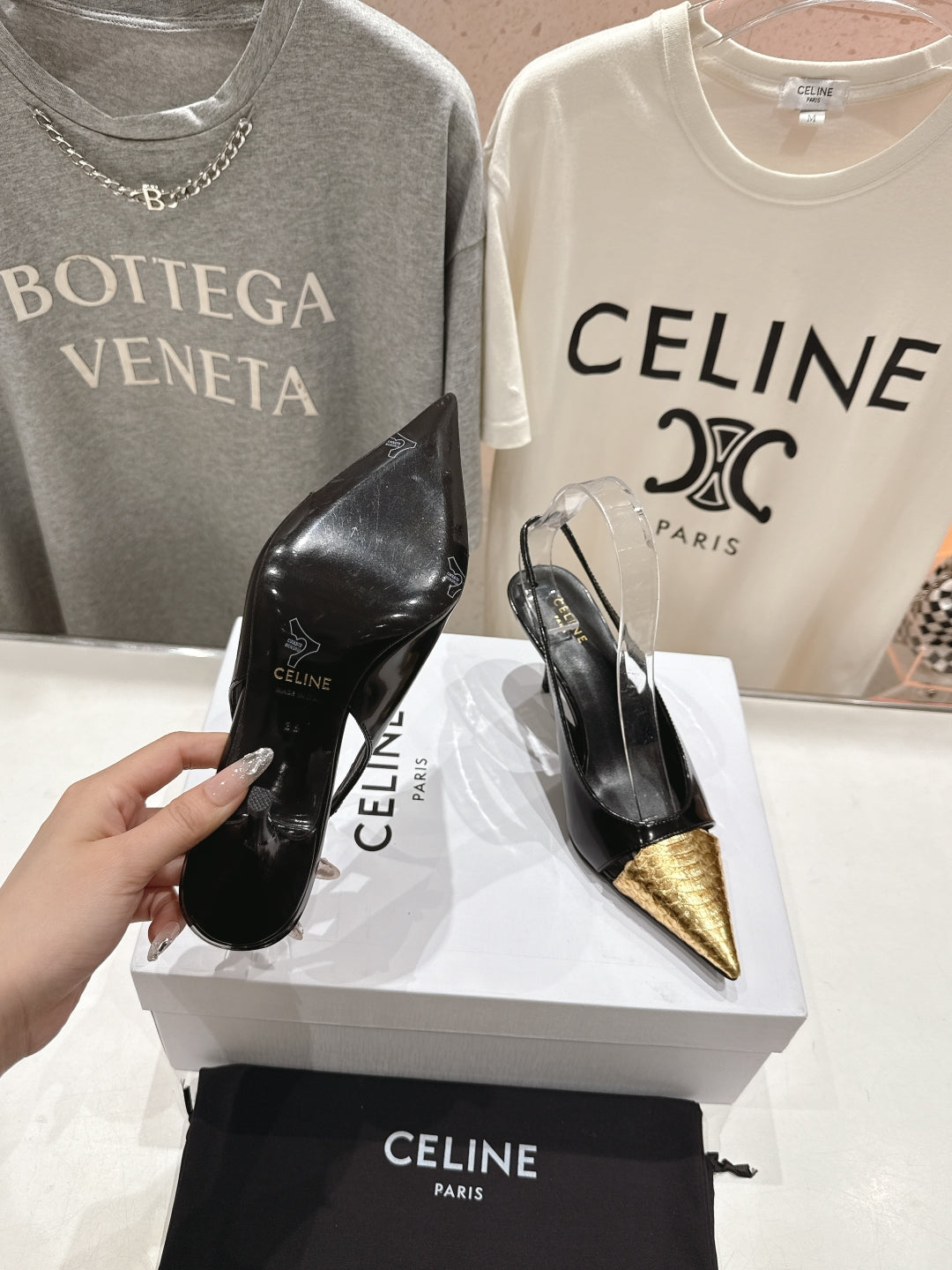 JUDY CAP TOE SLINGBACK 65MM IN BLACK SHINY CALFSKIN AND GOLD SNAKE EMBOSSED LEATHER - 34