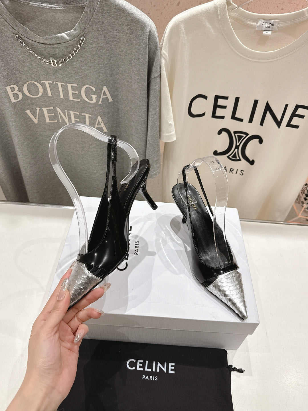 JUDY CAP TOE SLINGBACK 65MM IN BLACK SHINY CALFSKIN AND SILVER SNAKE EMBOSSED LEATHER - 34