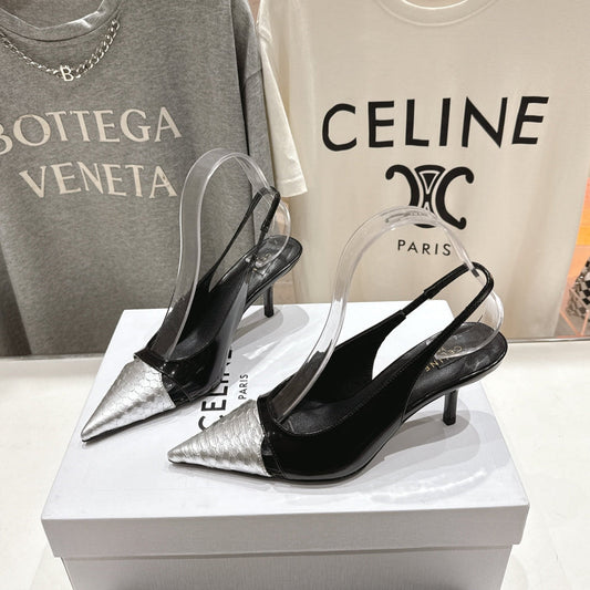 JUDY CAP TOE SLINGBACK 65MM IN BLACK SHINY CALFSKIN AND SILVER SNAKE EMBOSSED LEATHER - 34