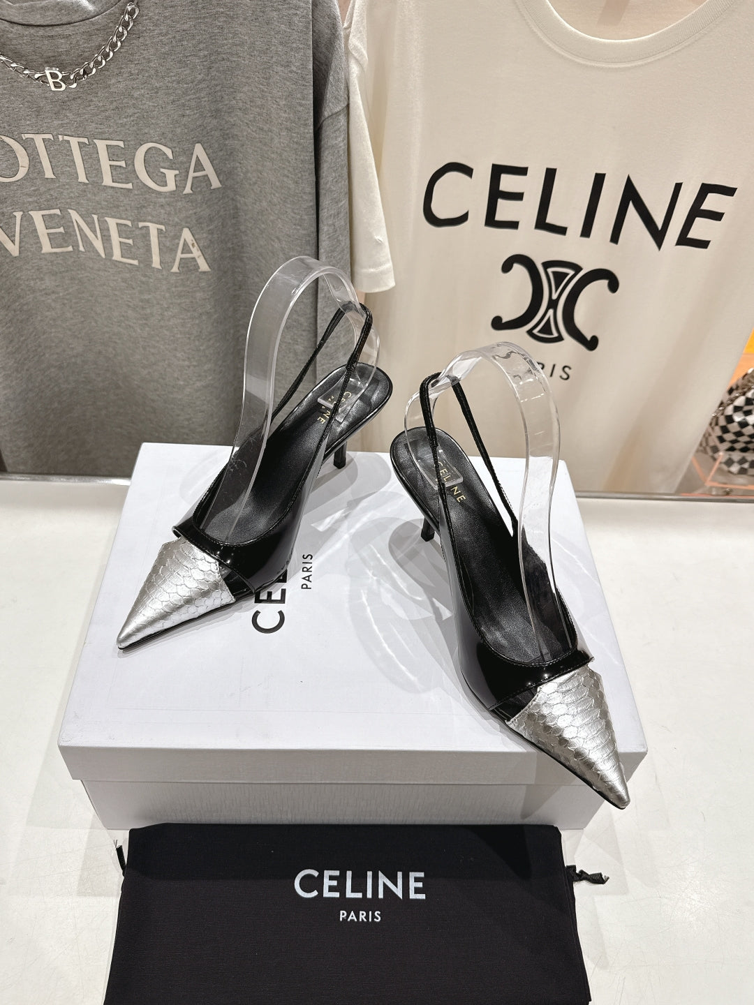 JUDY CAP TOE SLINGBACK 65MM IN BLACK SHINY CALFSKIN AND SILVER SNAKE EMBOSSED LEATHER - 34