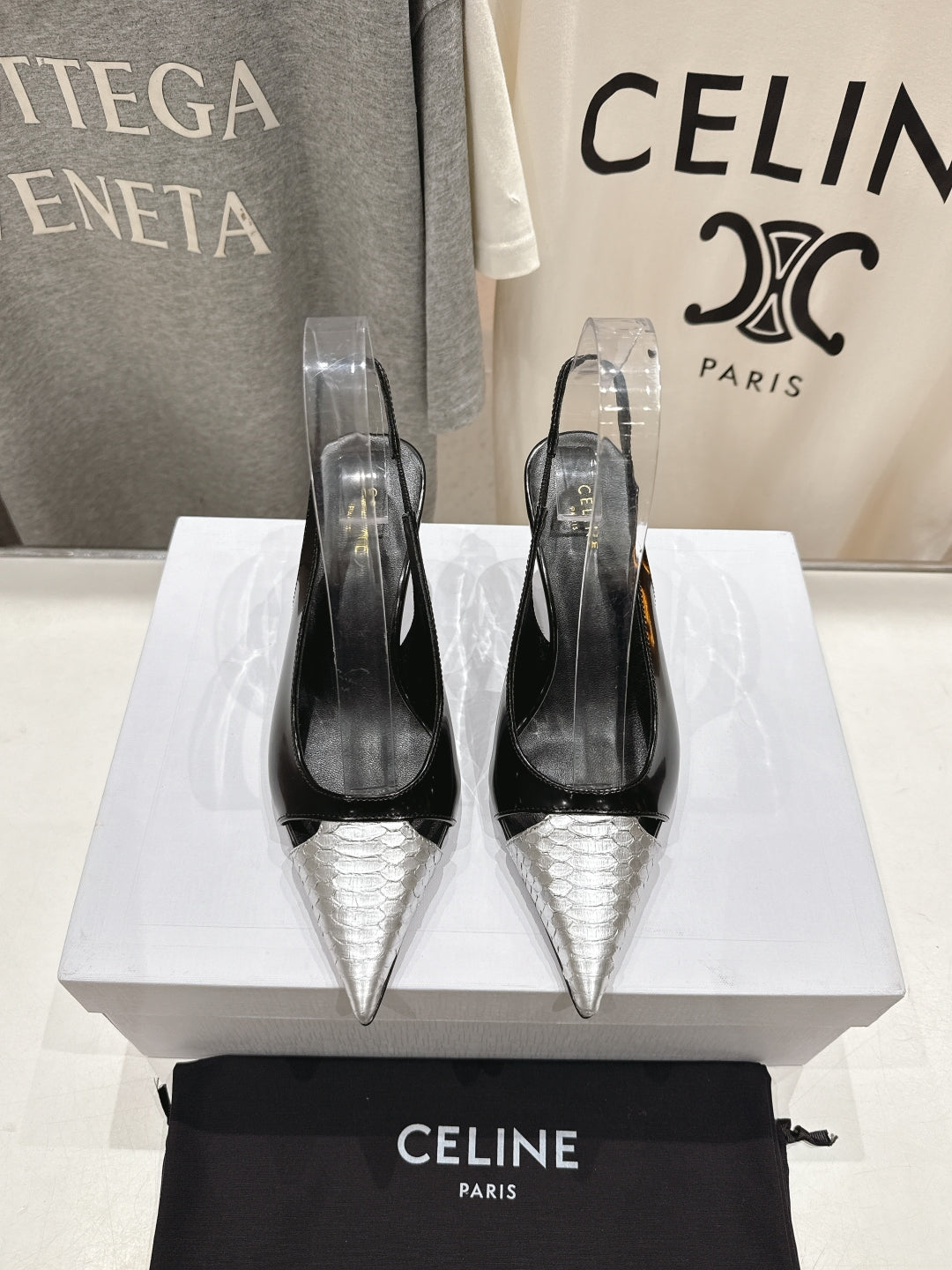 JUDY CAP TOE SLINGBACK 65MM IN BLACK SHINY CALFSKIN AND SILVER SNAKE EMBOSSED LEATHER - 34