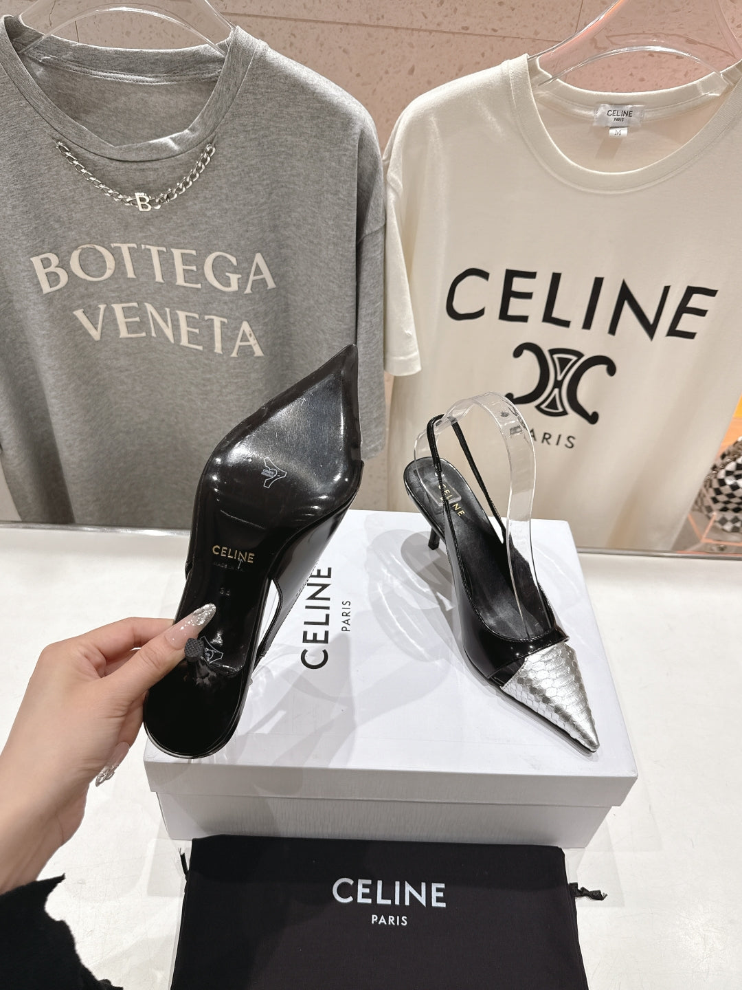JUDY CAP TOE SLINGBACK 65MM IN BLACK SHINY CALFSKIN AND SILVER SNAKE EMBOSSED LEATHER - 34