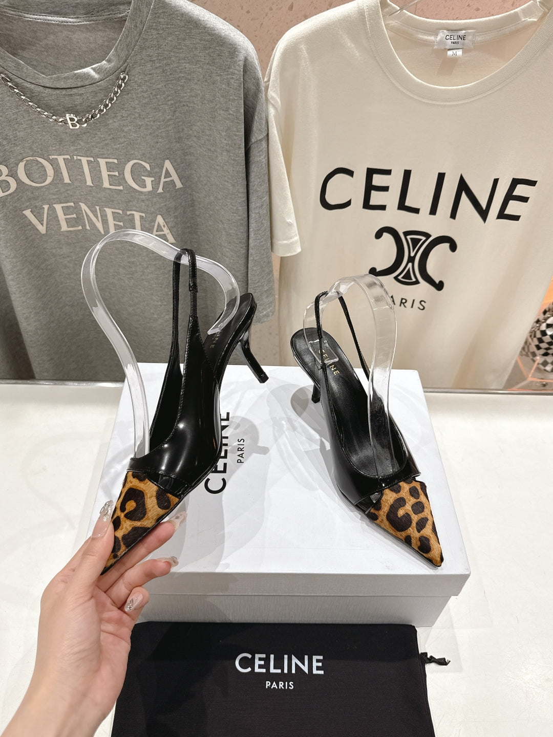 JUDY CAP TOE SLINGBACK 65MM IN BLACK PATENT CALFSKIN AND LEOPARD PRINTED HAIRY CALFSKIN - 34