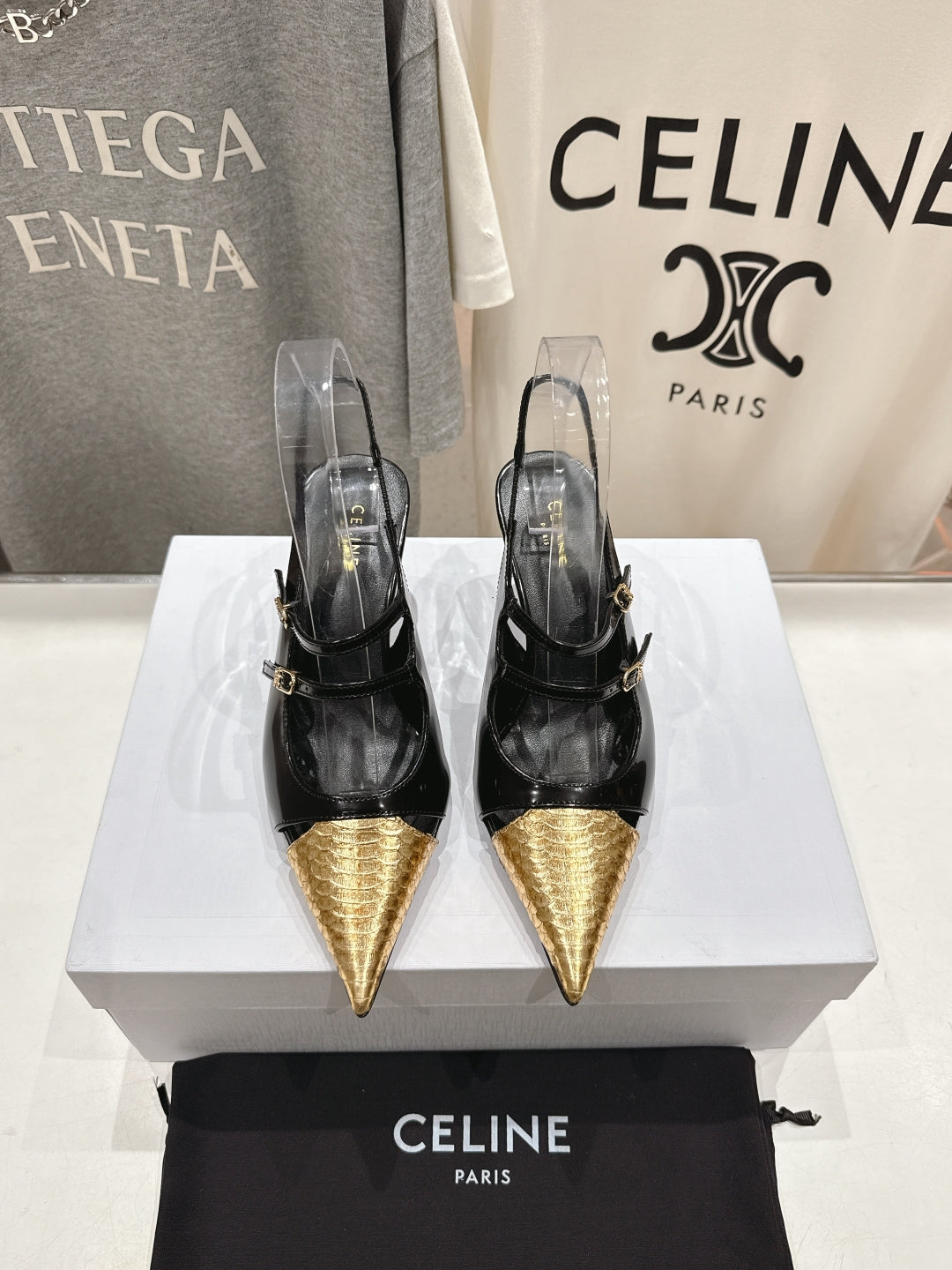 JUDY DOUBLE STRAP MARY JANE SLINGBACK 65MM IN BLACK SHINY CALFSKIN AND GOLD SNAKE EMBOSSED LEATHER - 34