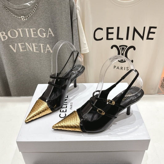 JUDY DOUBLE STRAP MARY JANE SLINGBACK 65MM IN BLACK SHINY CALFSKIN AND GOLD SNAKE EMBOSSED LEATHER - 34