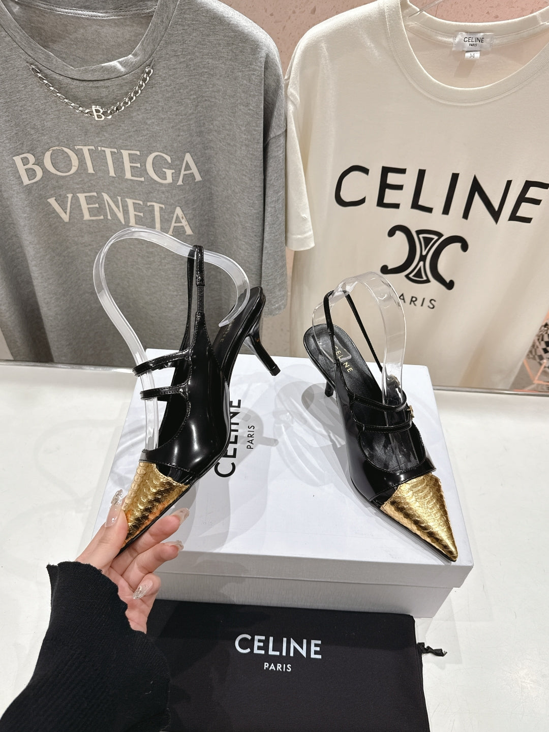 JUDY DOUBLE STRAP MARY JANE SLINGBACK 65MM IN BLACK SHINY CALFSKIN AND GOLD SNAKE EMBOSSED LEATHER - 34