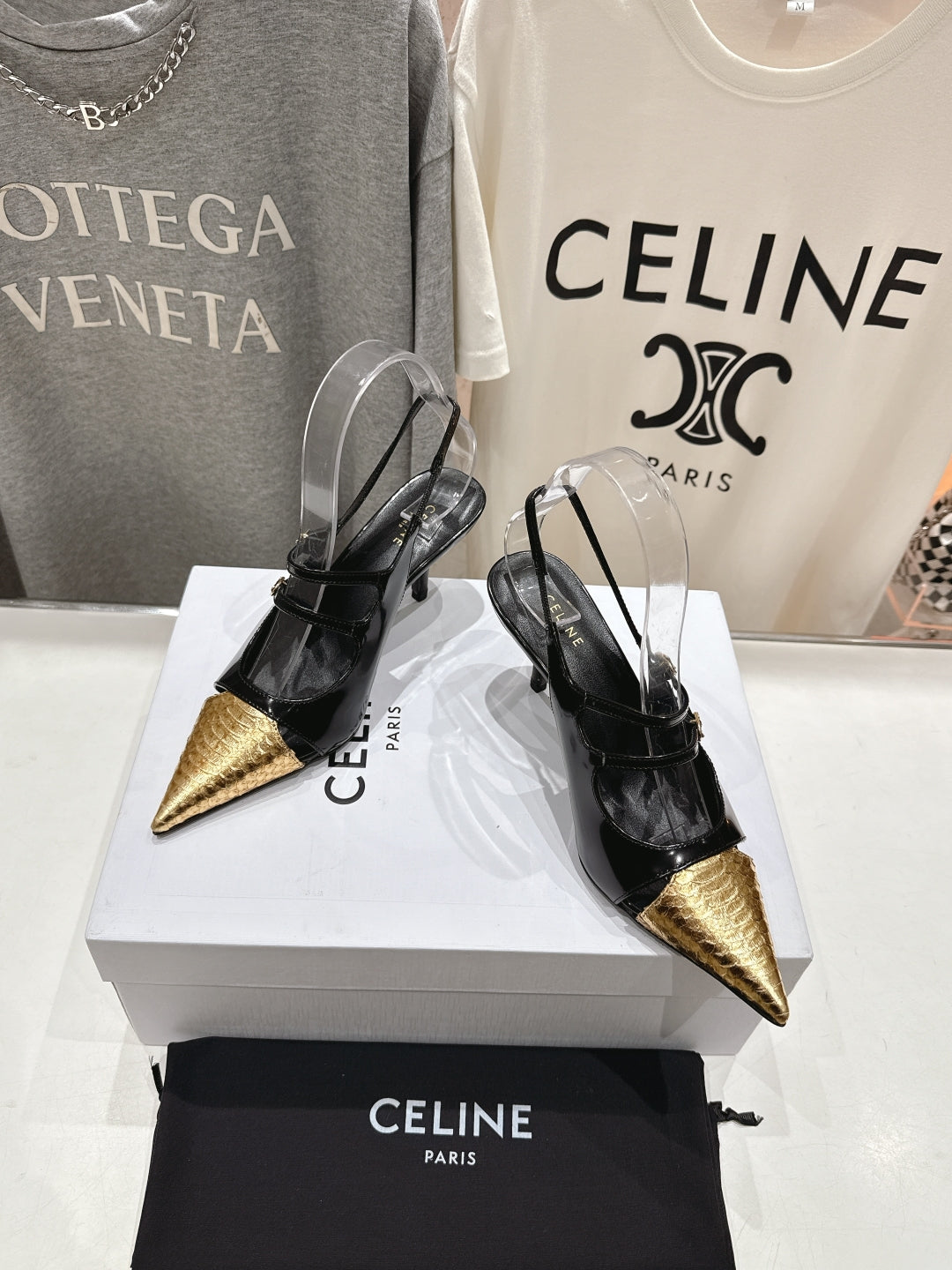 JUDY DOUBLE STRAP MARY JANE SLINGBACK 65MM IN BLACK SHINY CALFSKIN AND GOLD SNAKE EMBOSSED LEATHER - 34