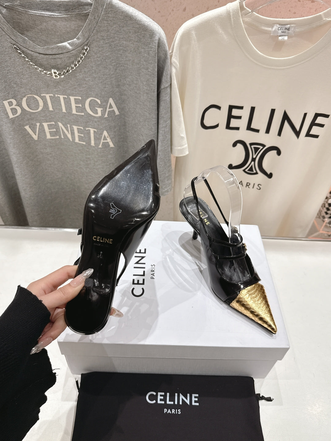 JUDY DOUBLE STRAP MARY JANE SLINGBACK 65MM IN BLACK SHINY CALFSKIN AND GOLD SNAKE EMBOSSED LEATHER - 34