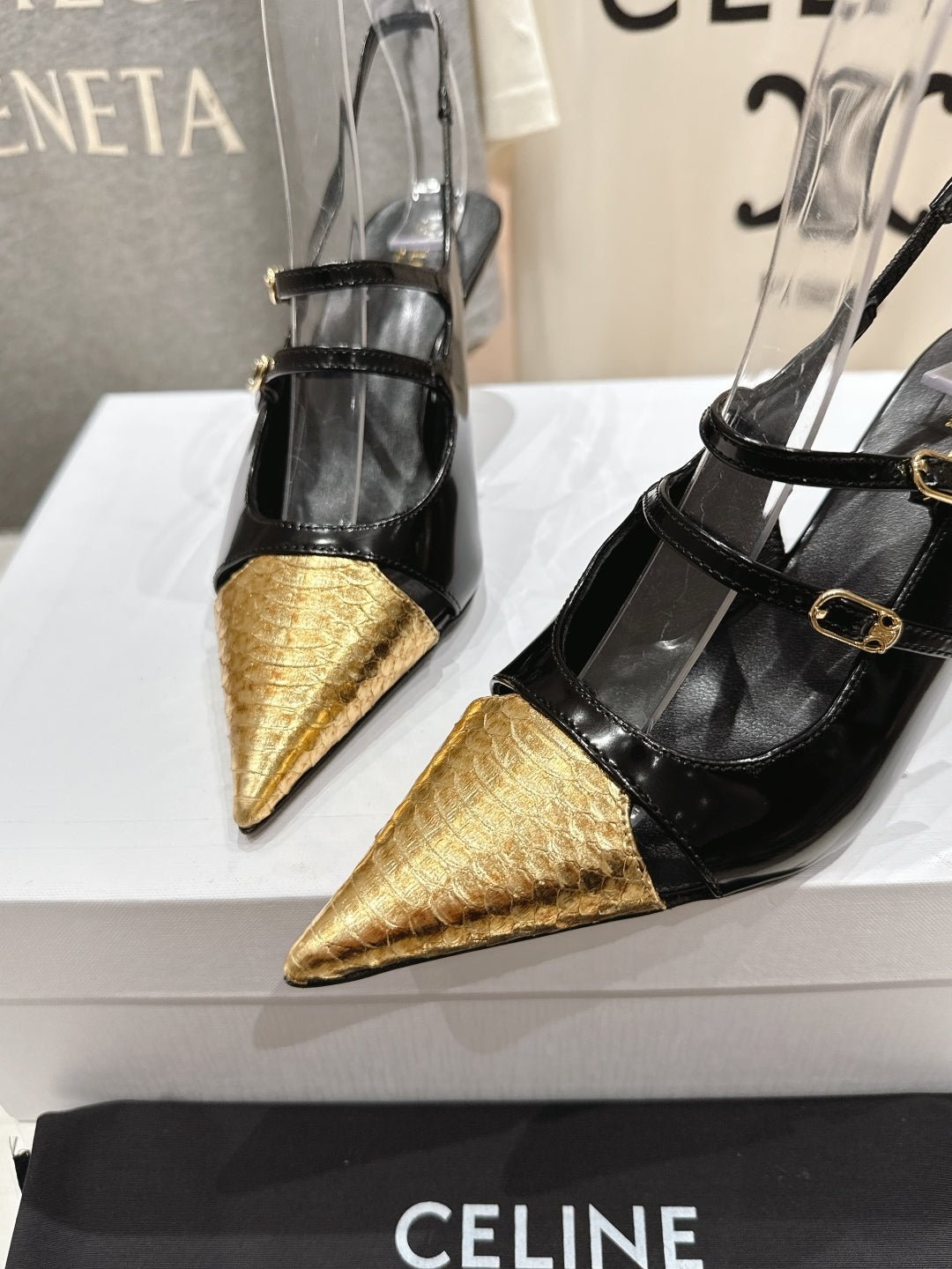 JUDY DOUBLE STRAP MARY JANE SLINGBACK 65MM IN BLACK SHINY CALFSKIN AND GOLD SNAKE EMBOSSED LEATHER - 34