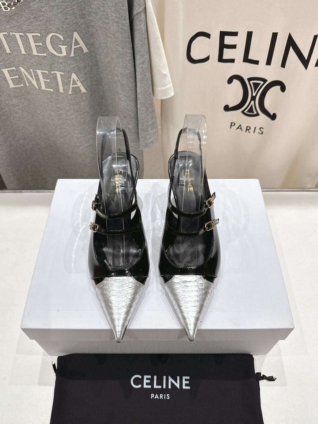JUDY DOUBLE STRAP MARY JANE SLINGBACK 65MM IN BLACK SHINY CALFSKIN AND SILVER SNAKE EMBOSSED LEATHER - 34