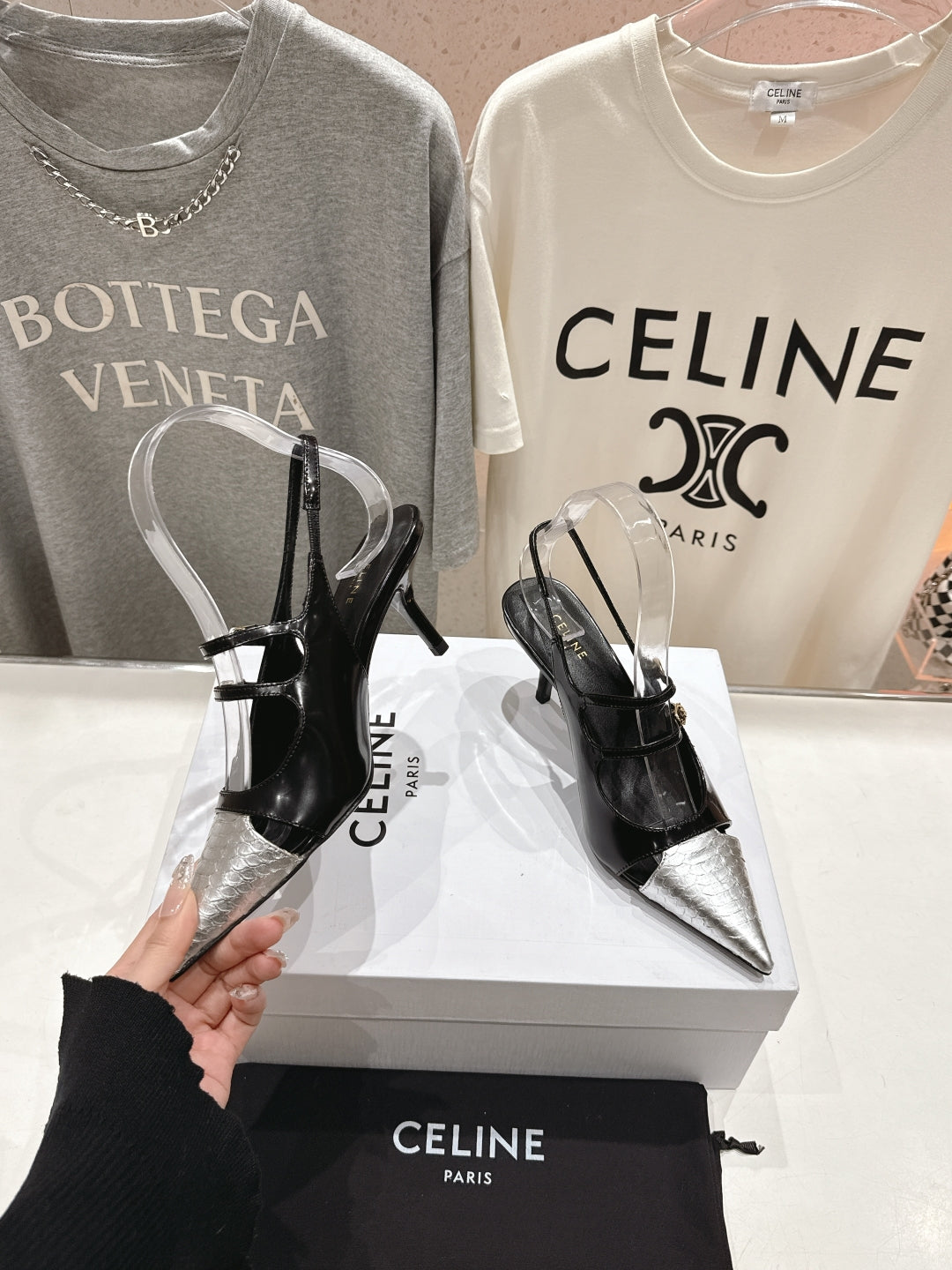 JUDY DOUBLE STRAP MARY JANE SLINGBACK 65MM IN BLACK SHINY CALFSKIN AND SILVER SNAKE EMBOSSED LEATHER - 34