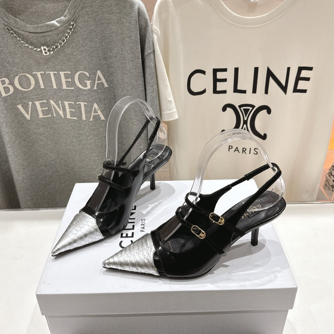 JUDY DOUBLE STRAP MARY JANE SLINGBACK 65MM IN BLACK SHINY CALFSKIN AND SILVER SNAKE EMBOSSED LEATHER - 34