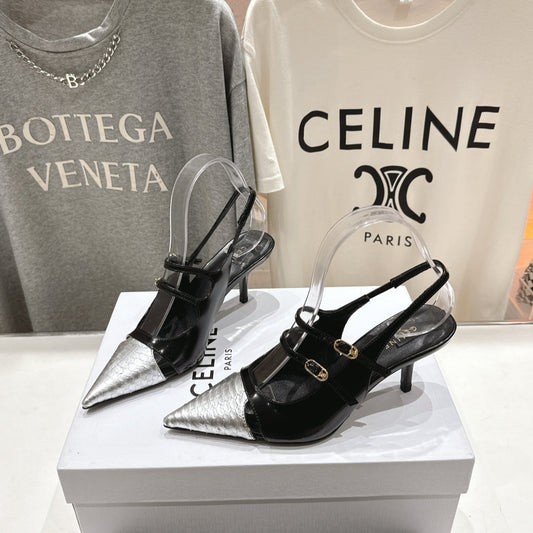 JUDY DOUBLE STRAP MARY JANE SLINGBACK 65MM IN BLACK SHINY CALFSKIN AND SILVER SNAKE EMBOSSED LEATHER - 34