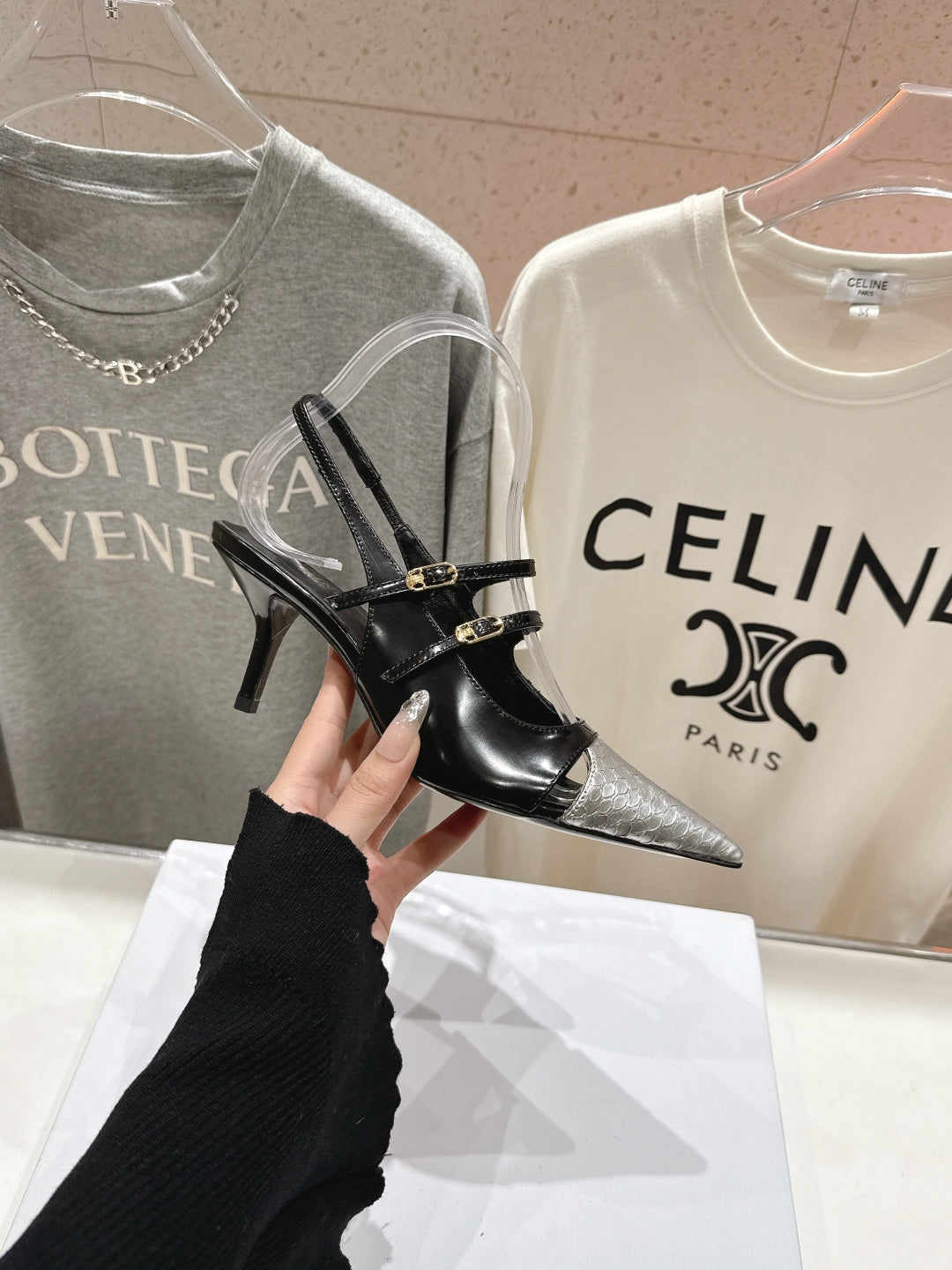JUDY DOUBLE STRAP MARY JANE SLINGBACK 65MM IN BLACK SHINY CALFSKIN AND SILVER SNAKE EMBOSSED LEATHER - 34